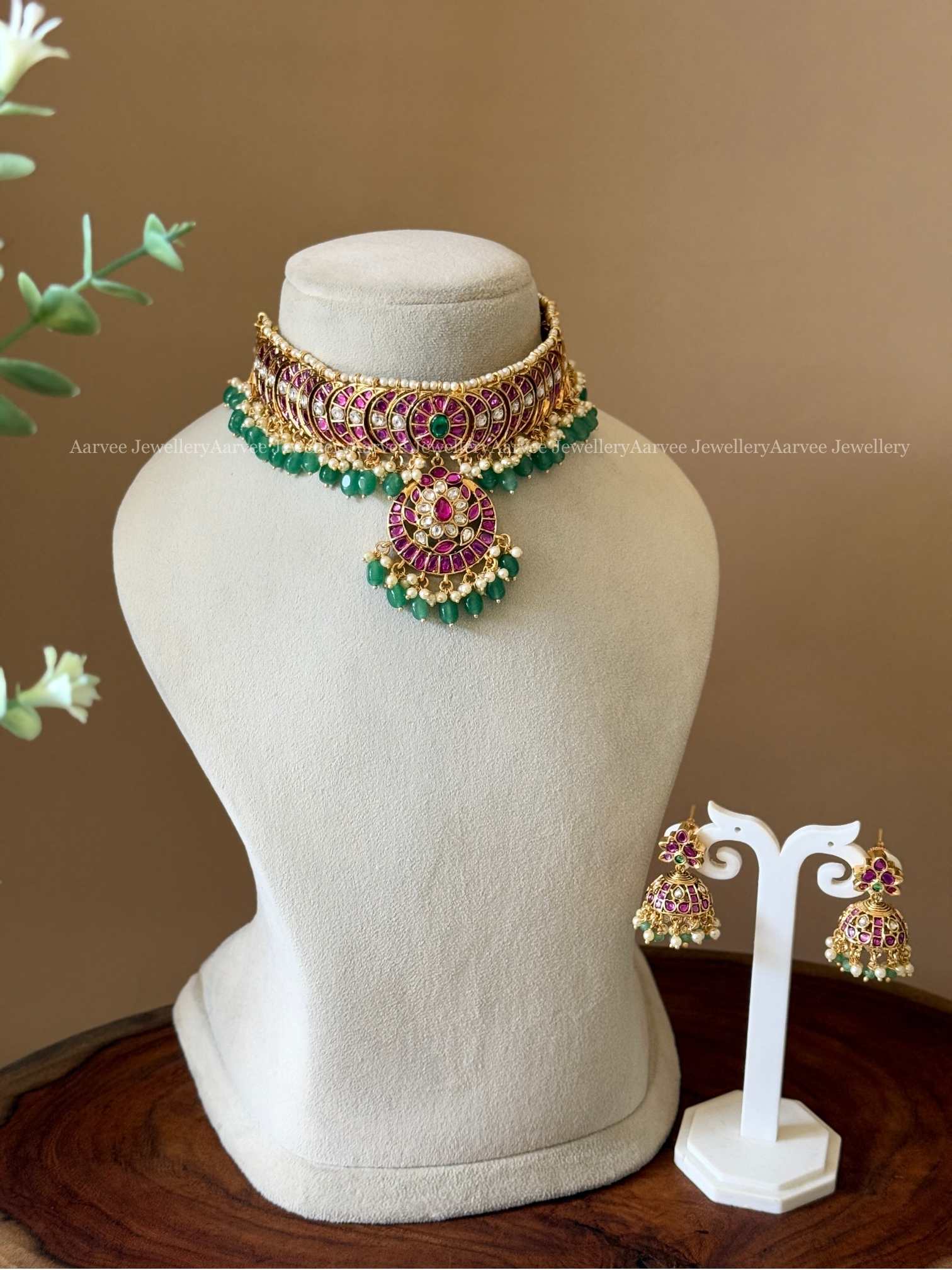 PREMIUM PINK KUNDAN STONES CHOKER SET WITH PASTEL BEADS