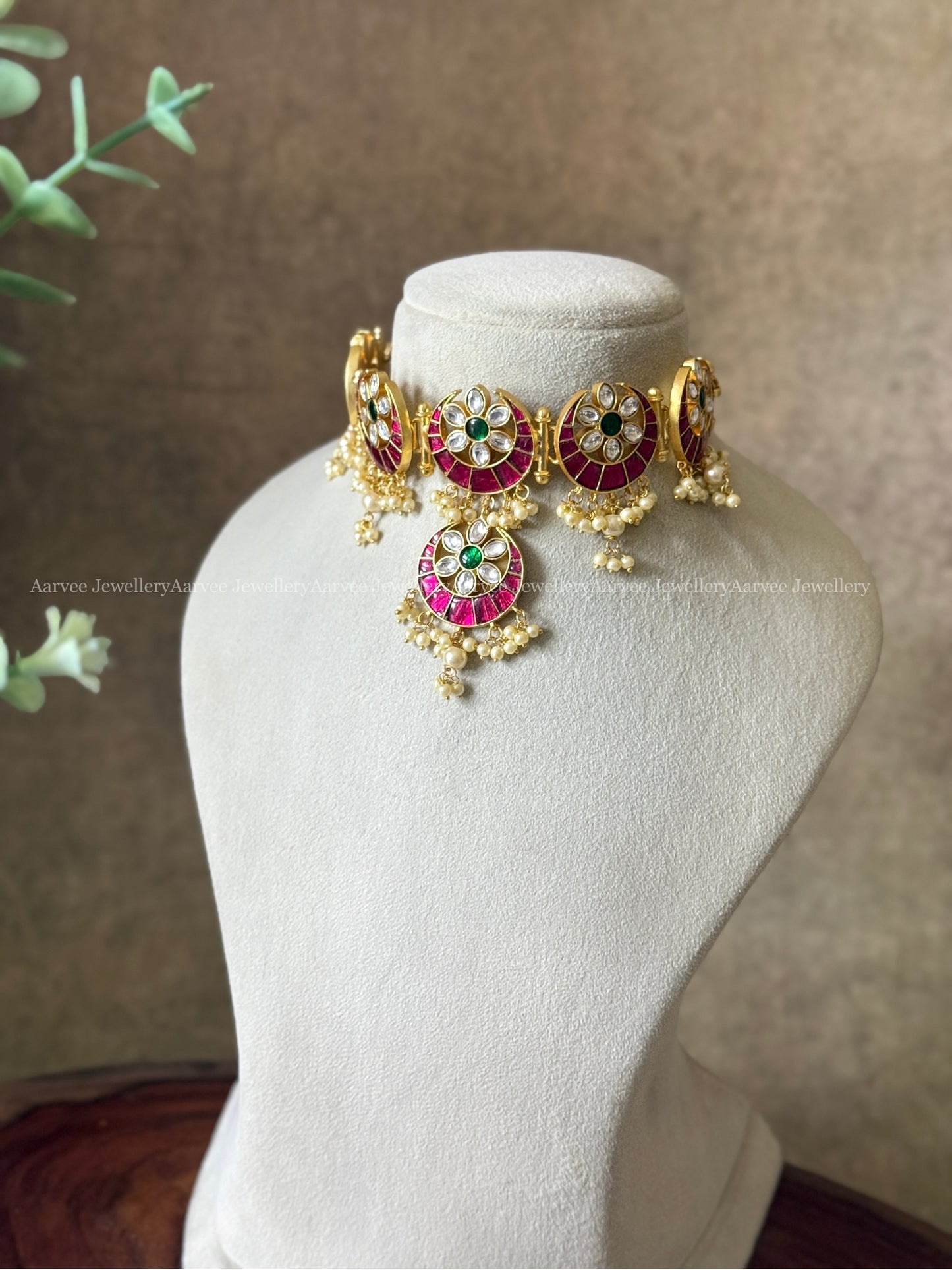 JADAU KUNDAN HALF MOON / CHAND CHOKER SET WITH PINK/WHITE/GREEN STONES AND PEARLS