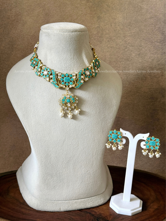 JADAU KUNDAN TURQUOISE BLUE COLOUR FLORAL KANTI NECKLACE SET