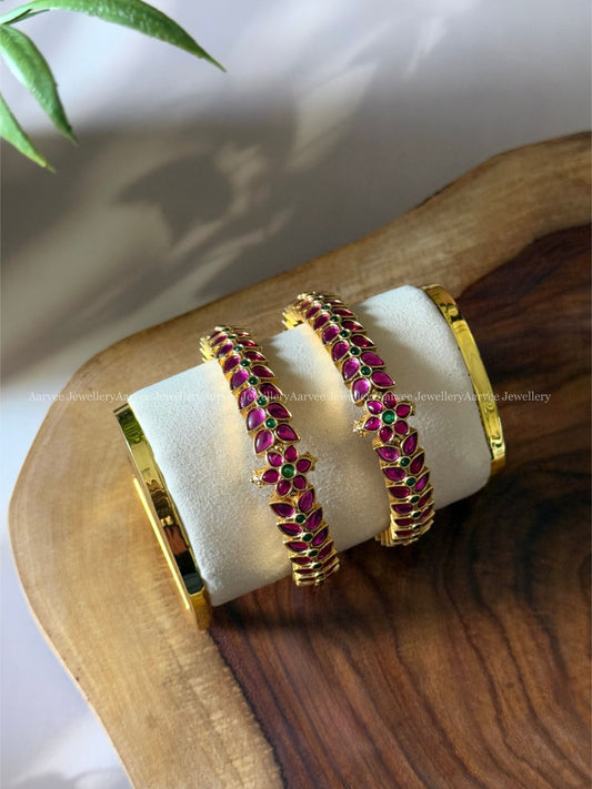 PINK KEMP STONE FLORAL & LEAF DESIGN KADA BANGLES