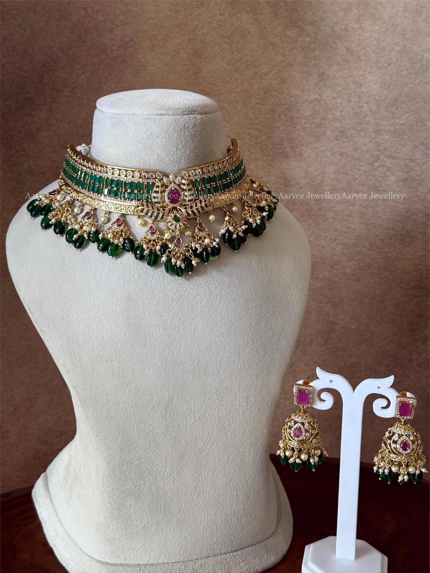 TWO LAYER PEARL MALA WITH GREEN & PINK BEADS