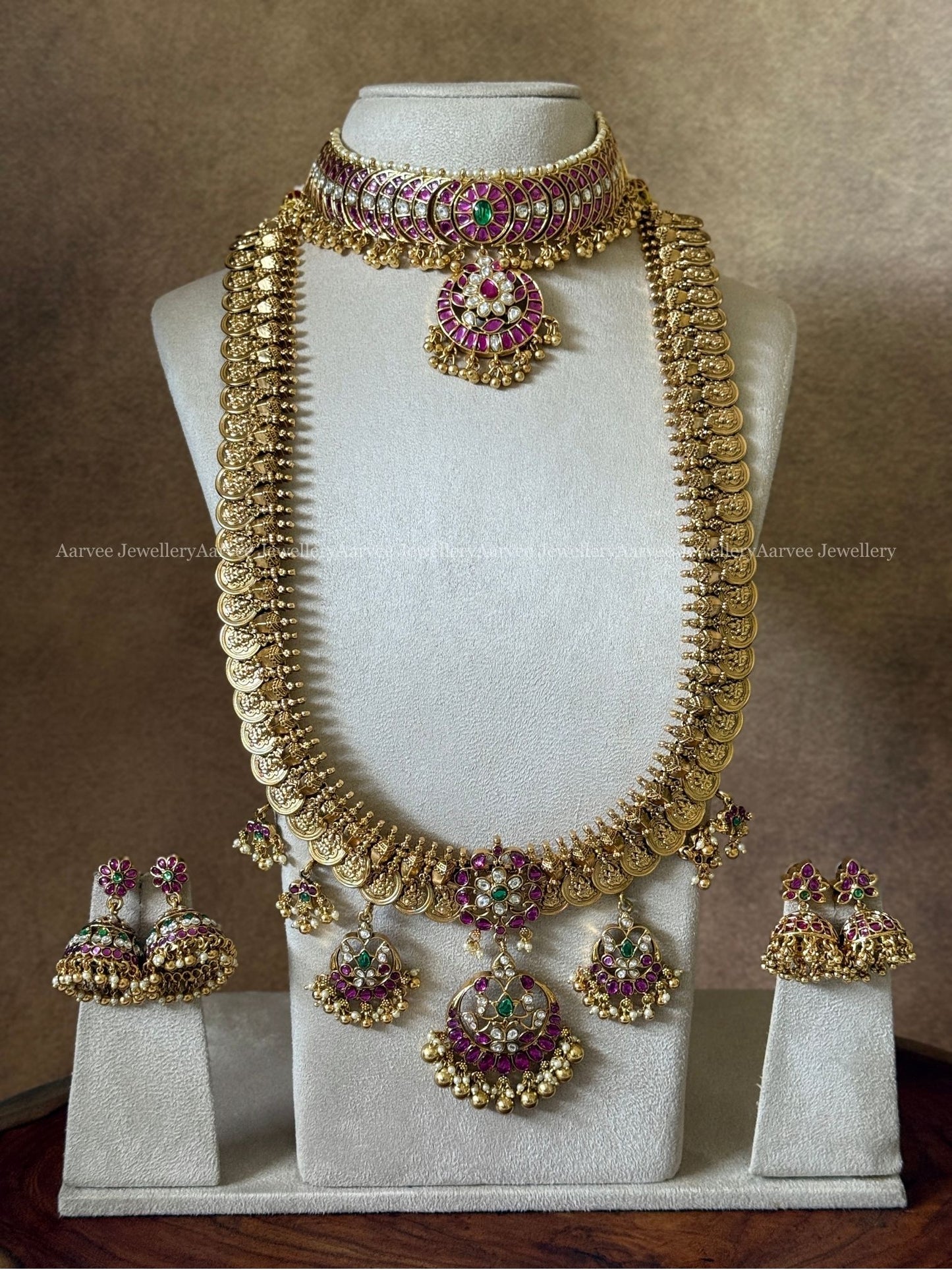 COMBO - PREMIUM PINK KUNDAN STONE CHAND CHOKER AND ANTIQUE GOLD COIN HARAM SET WITH MULTI PENDANTS