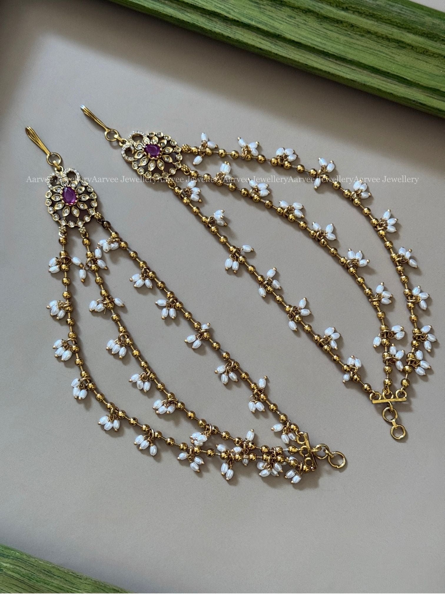 GOLD BEAD LAYERED EAR CHAIN WITH RUBY CZ STONES