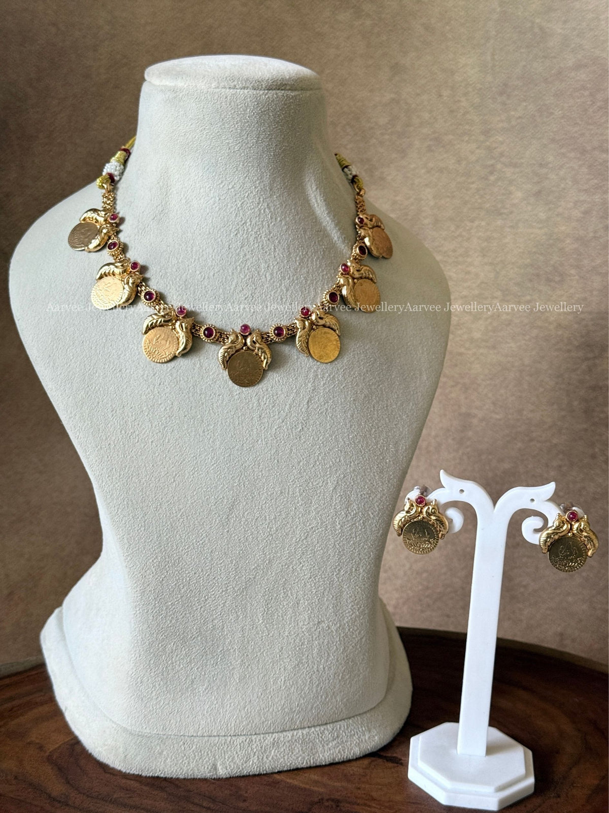 GOLD TONE LAKSHMI PEACOCK COIN NECKLACE SET WITH RUBY STONE