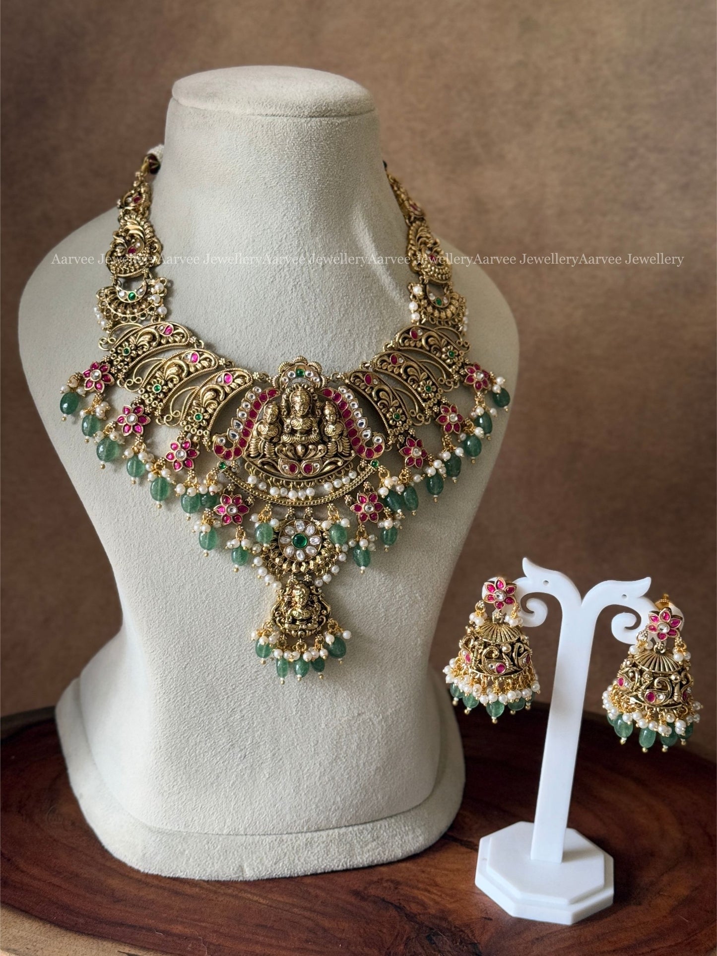 GOLD TONE LAKSHMI & KUNDAN STONE FLORAL MOTIF STATEMENT NECKLACE SET WITH PASTEL BEADS