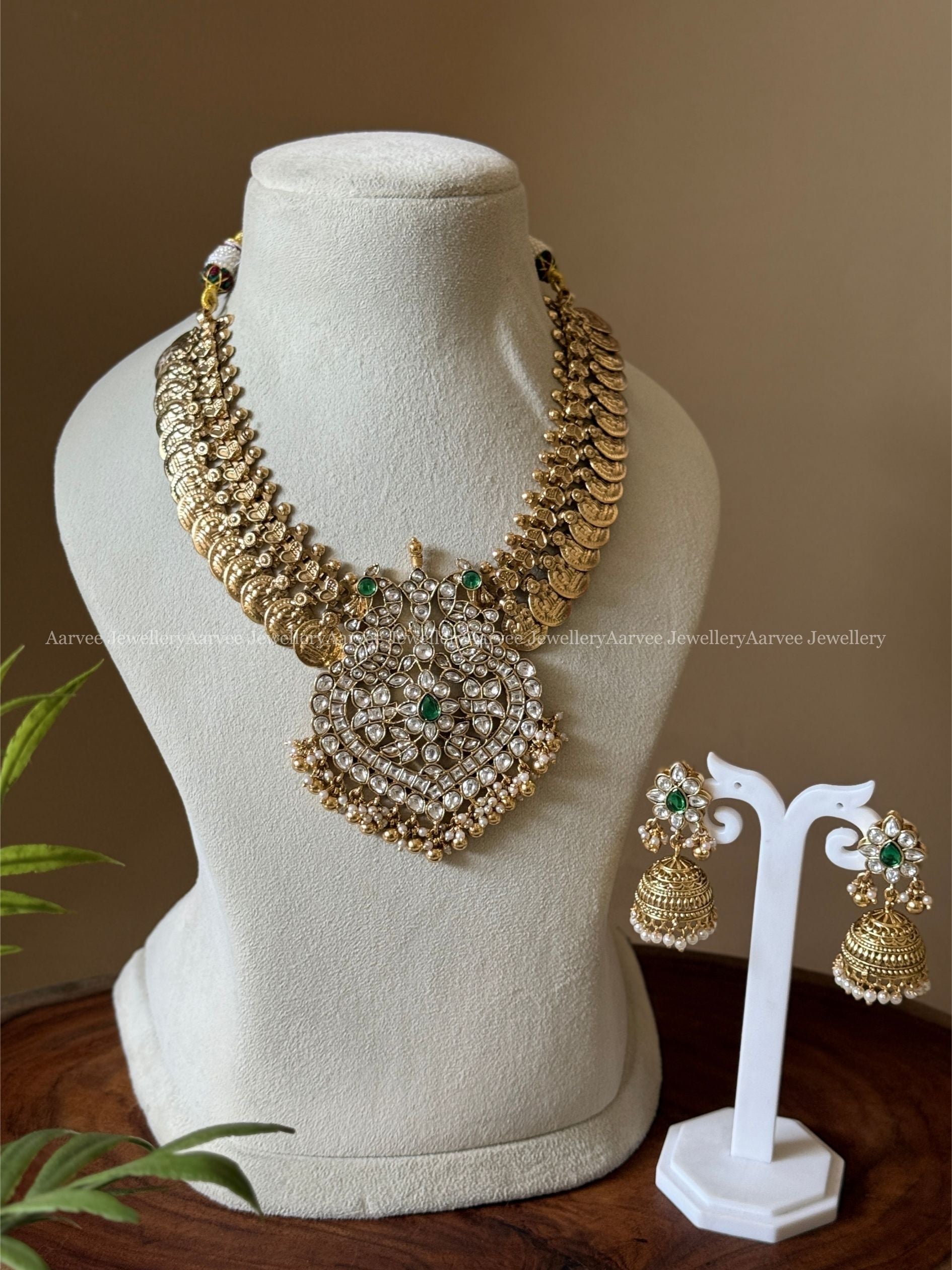 PREMIUM COIN NECKLACE SET WITH WHITE KUNDAN PEACOCK PENDANT AND GOLD BEADS