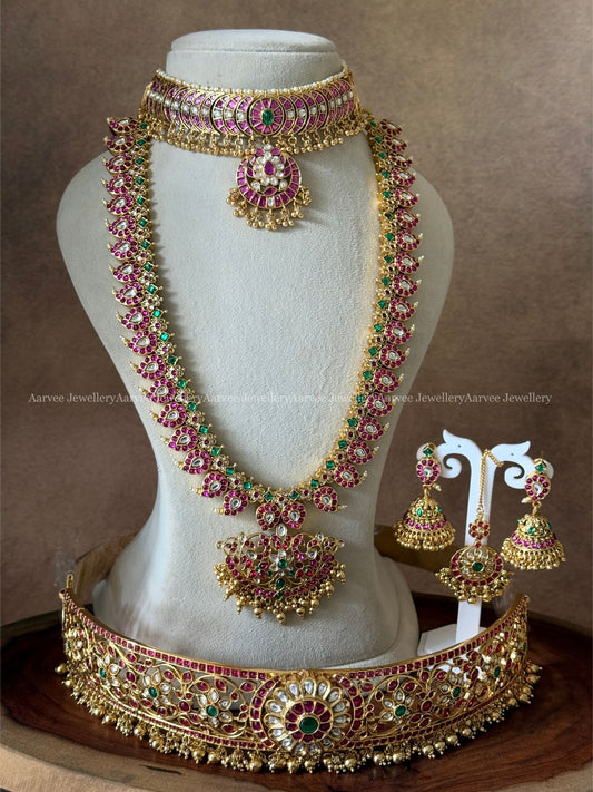 PREMIUM PINK KUNDAN STONES MANGO MOTIF BRIDAL JEWELLERY SET WITH GOLD BEADS