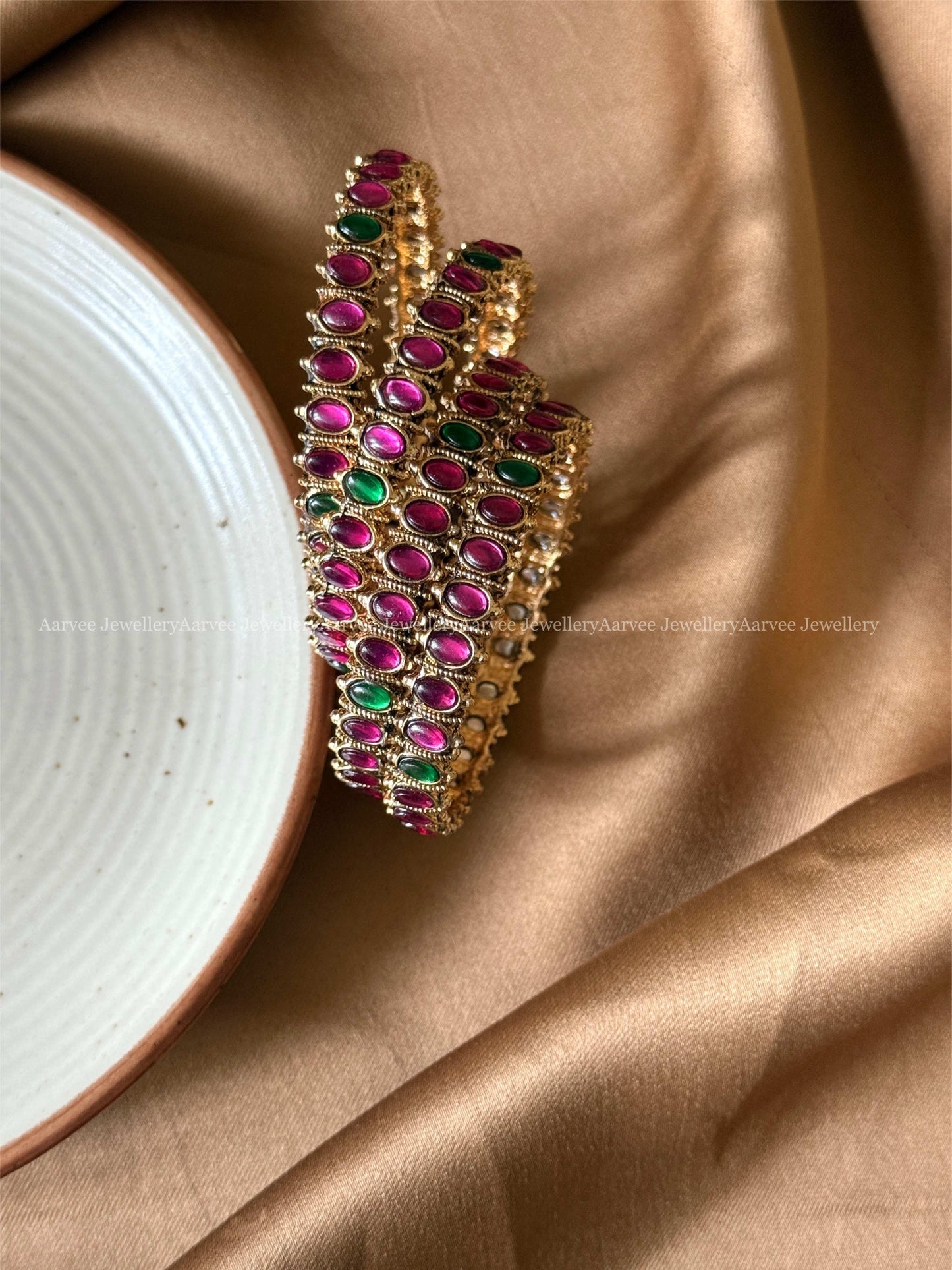 GOLD FINISH RUBY / GREEN KEMP STONES BANGLES