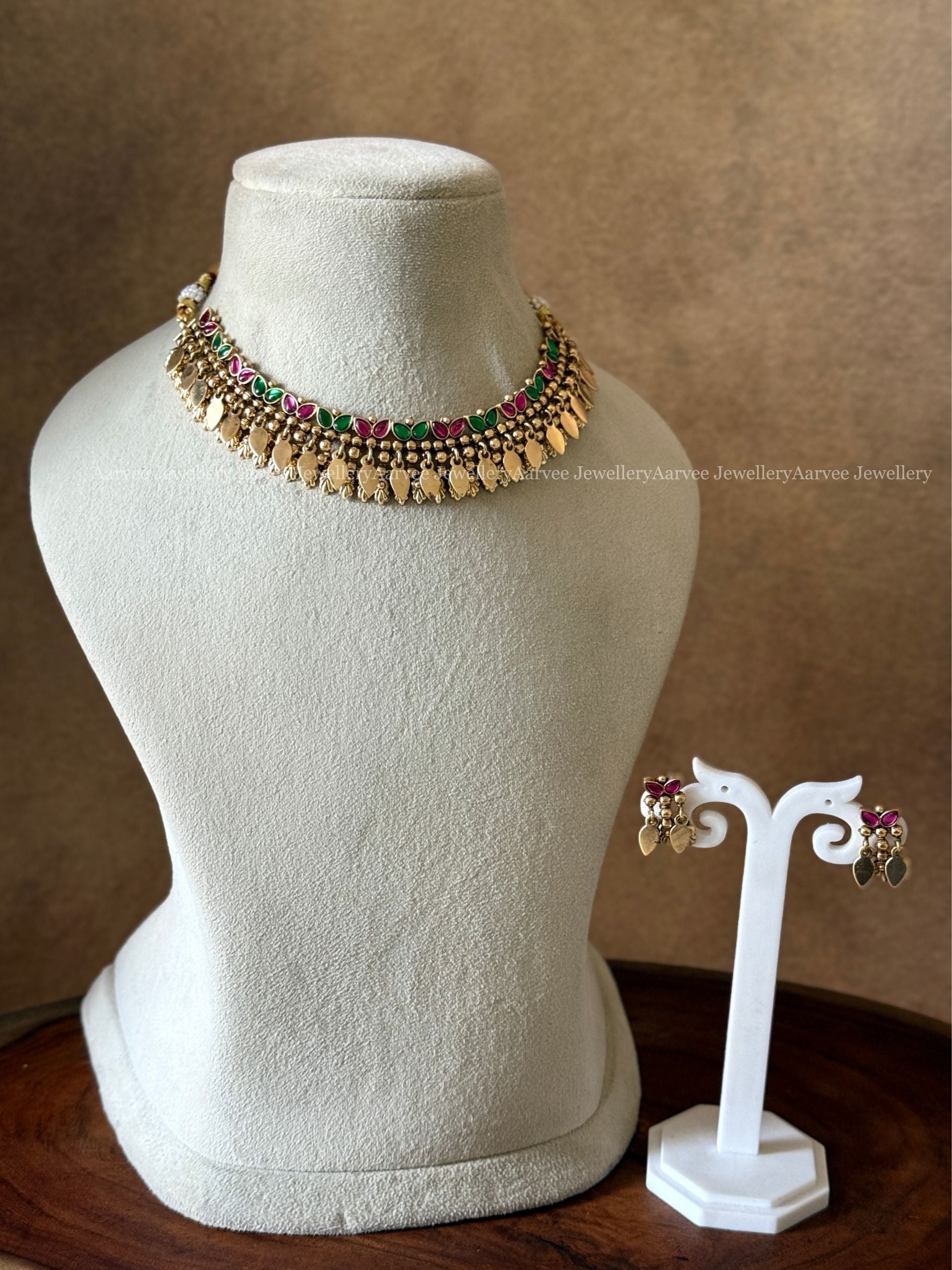 RUBY / GREEN STONES LEAF DESIGN ELLAKATHALI NECKLACE SET