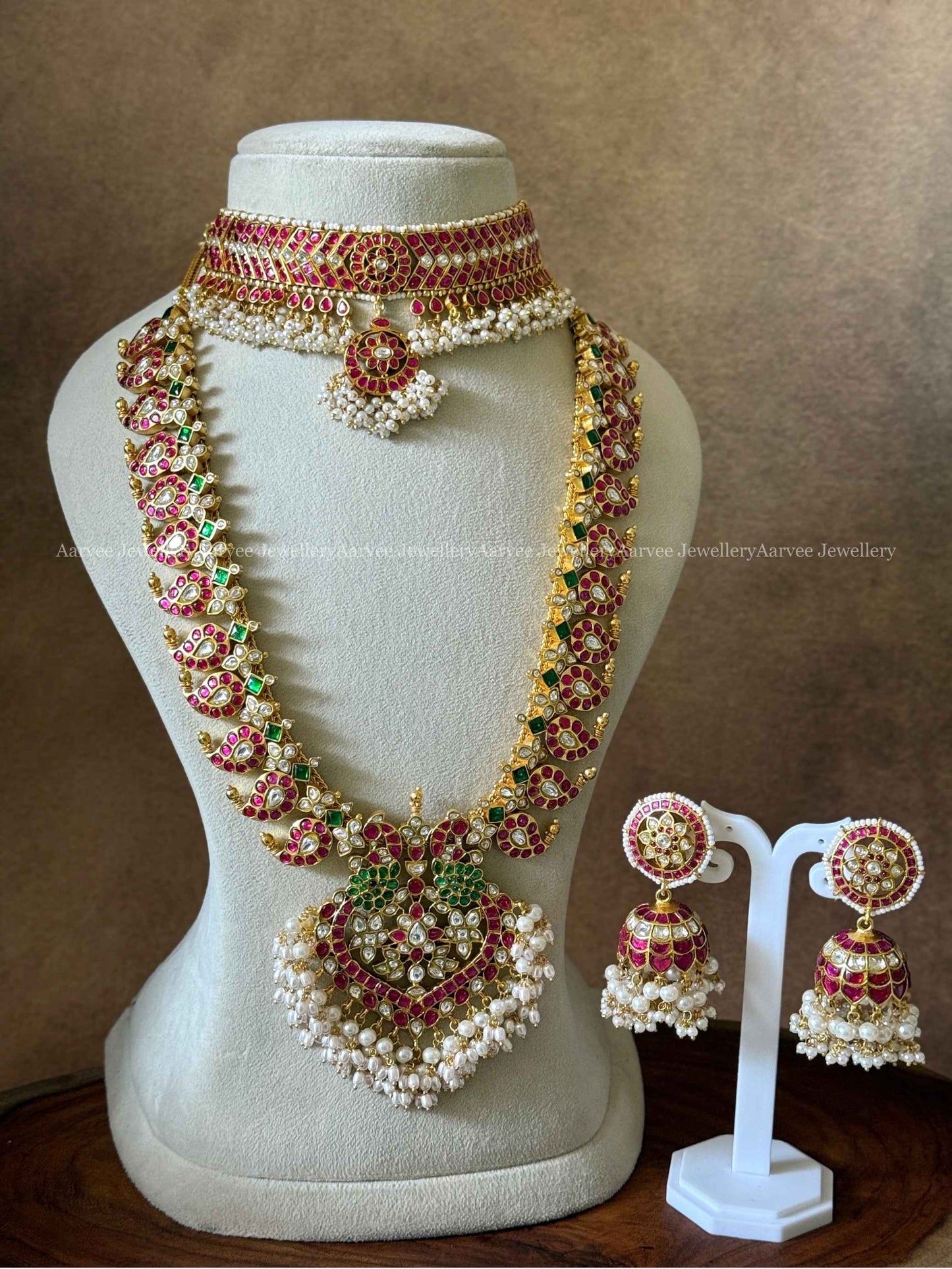 COMBO - JADAU KUNDAN FULL PEARLS CHOKER WITH MANGO HARAM AND BUTTA JHUMKI