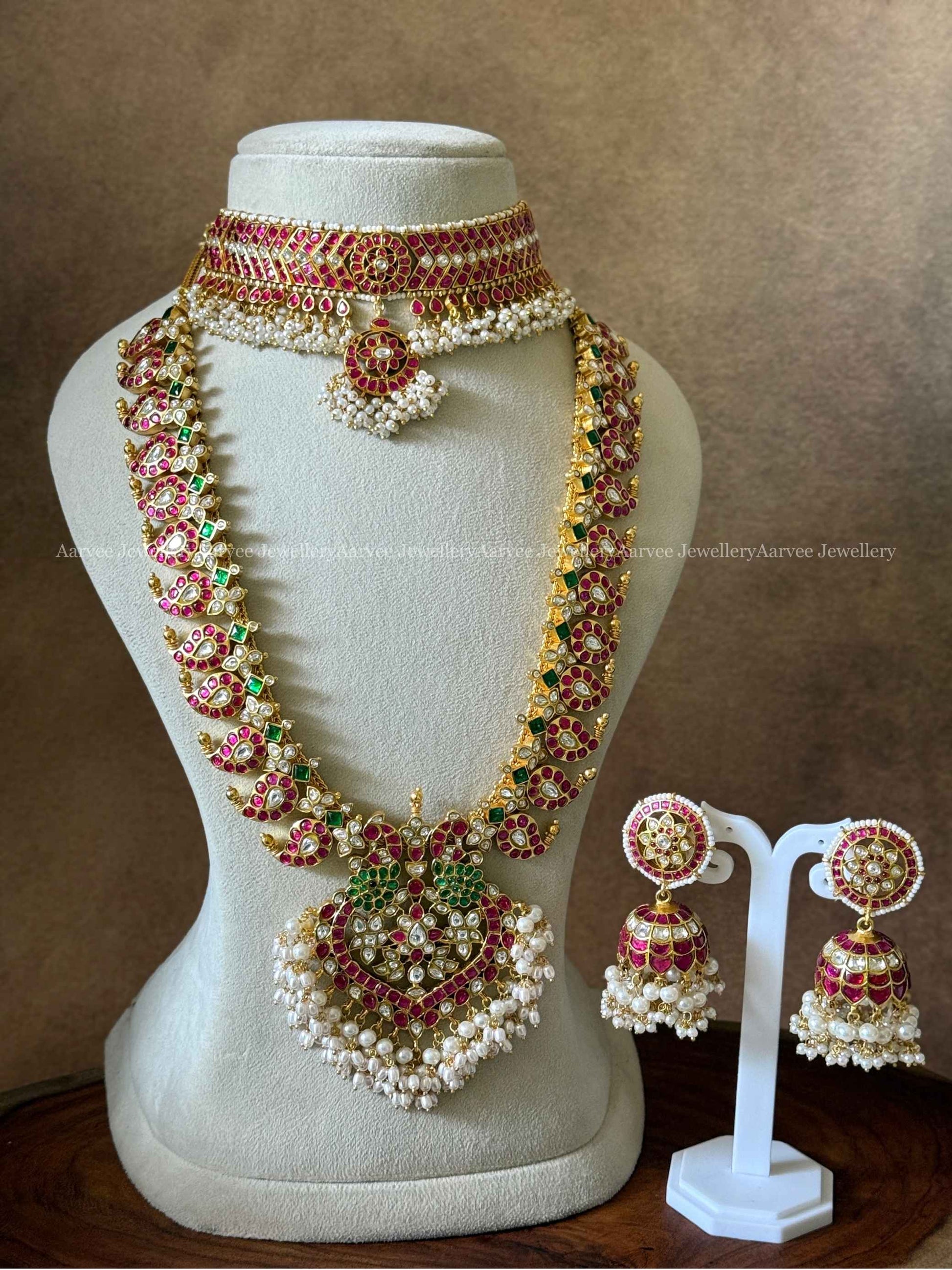 COMBO - JADAU KUNDAN FULL PEARLS CHOKER WITH MANGO HARAM AND BUTTA JHUMKI