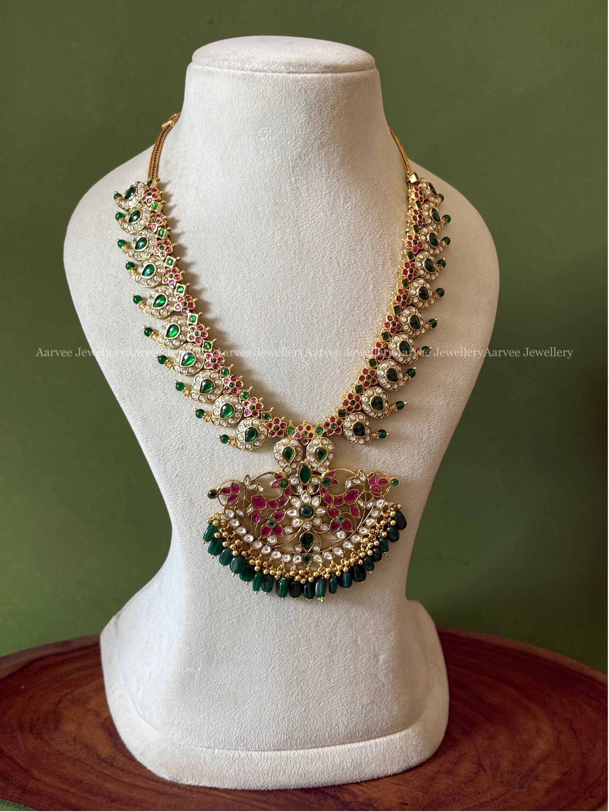 JADAU KUNDAN WHITE/GREEN/RUBY STONES MANGO MOTIF NECKLACE WITH GREEN BEADS
