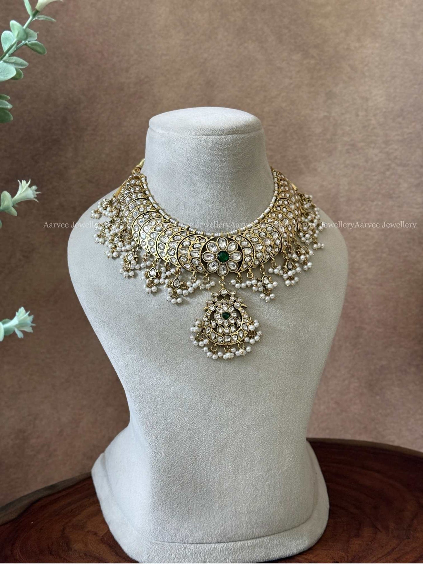 JADAU KUNDAN WHITE STONE CRESCENT NECKLACE WITH FLORAL PENDANT AND WHITE STONE DROPS