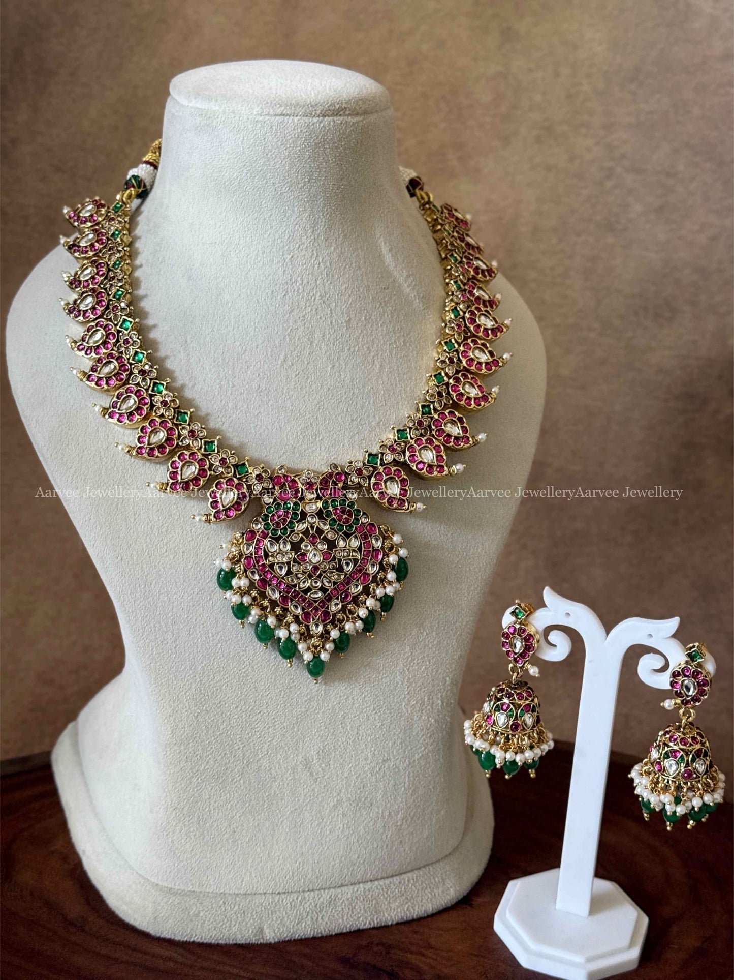 KUNDAN MULTI COLOUR MANGO AND PEACOCK DESIGN NECKLACE SET WITH GREEN BEADS