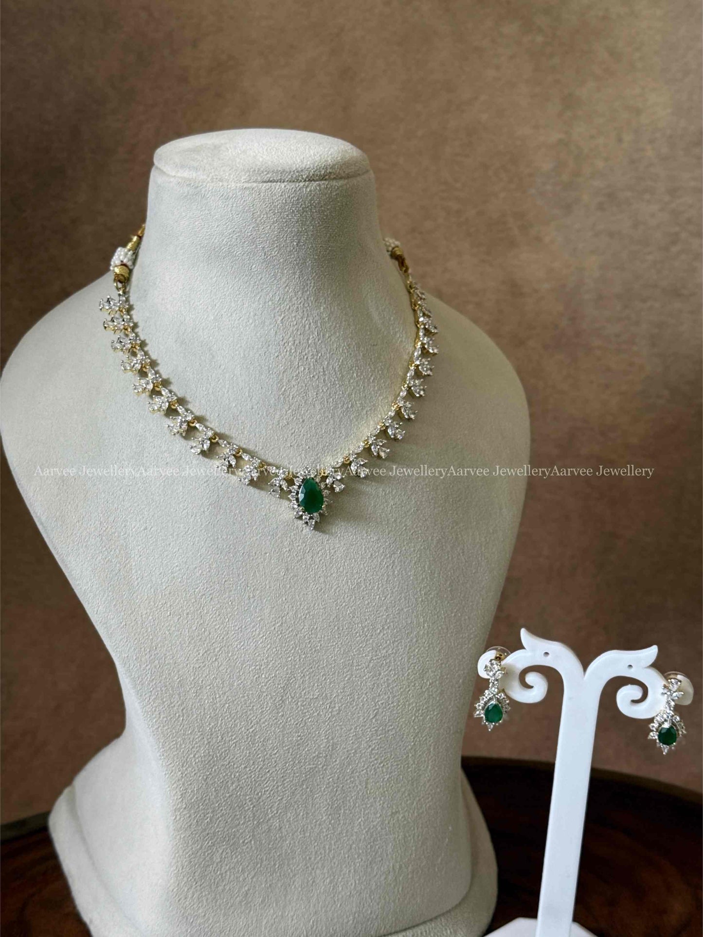AD WHITE STONE NECKLACE SET WITH GREEN CENTER PENDANT