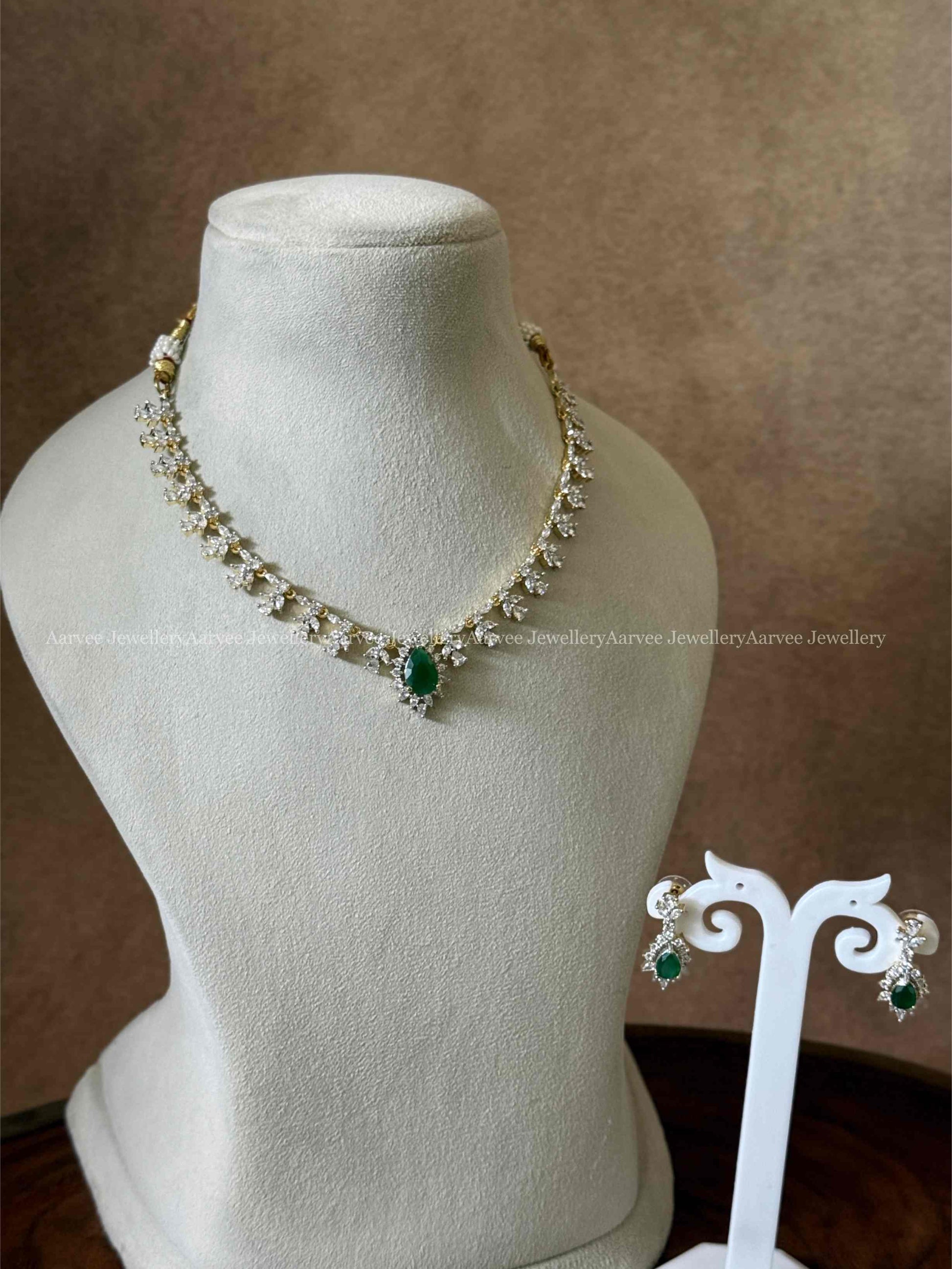 AD WHITE STONE NECKLACE SET WITH GREEN CENTER PENDANT