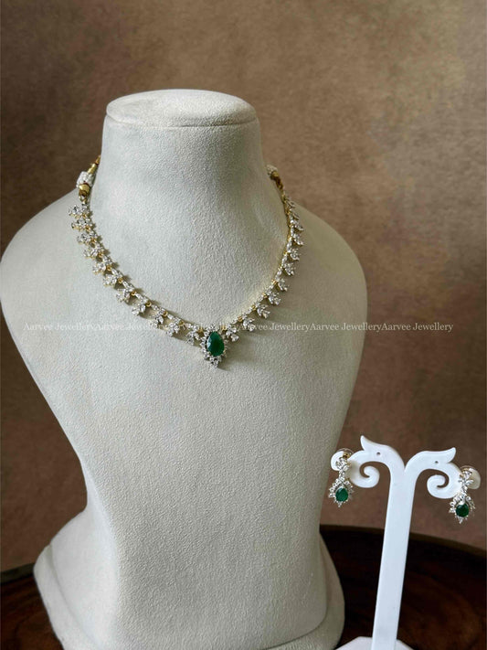 AD WHITE STONE NECKLACE SET WITH GREEN CENTER PENDANT
