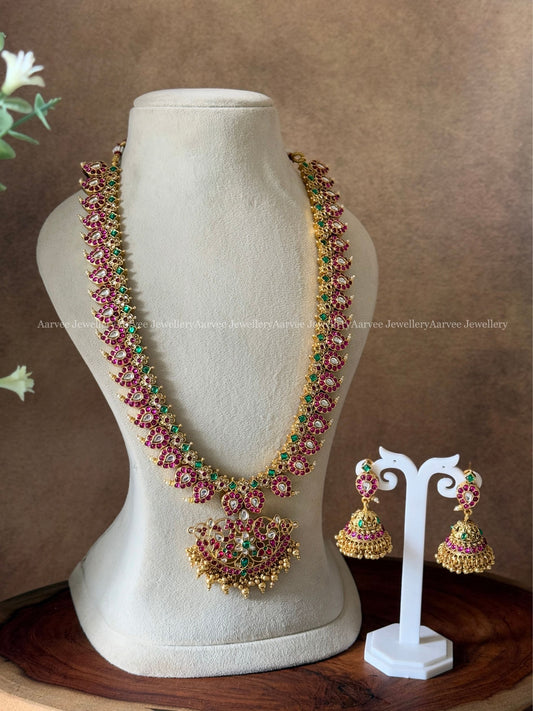 PINK STONE KUNDAN MANGO MOTIF HARAM SET WITH GOLD BEADS