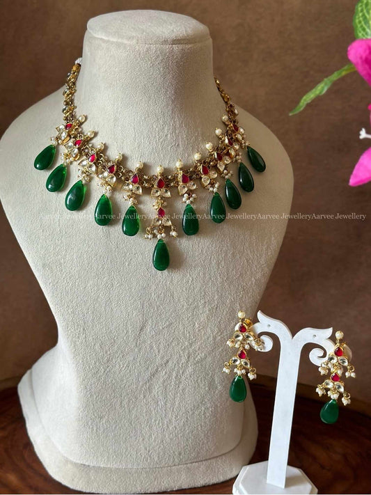 POLKI KUNDAN RUBY STONE NECKLACE SET WITH GREEN TEAR DROP BEADS