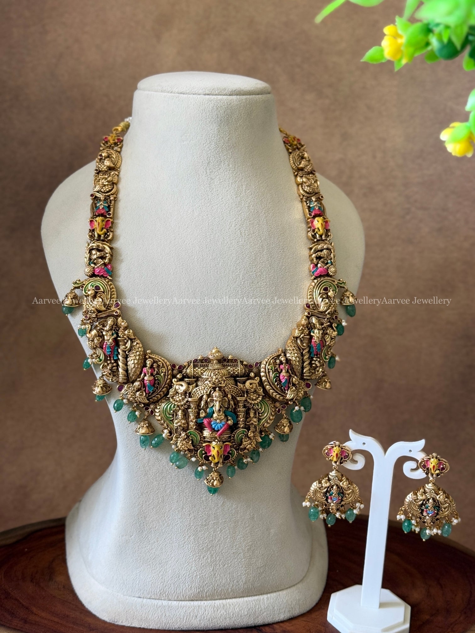 HIGH QUALITY GOLD FINISH TEMPLE JEWELLERY HARAM SET WITH GANESHA PENDANT AND PASTEL BEADS