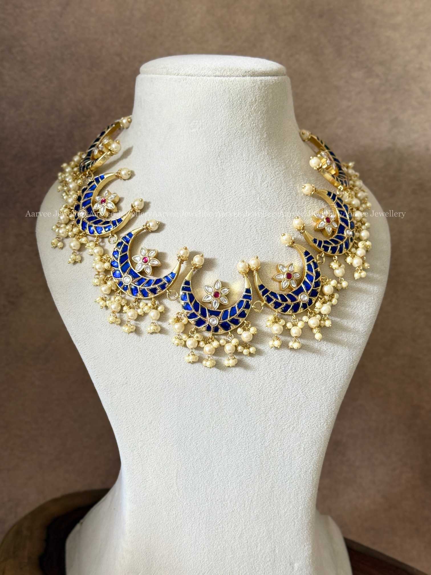 JADAU KUNDAN BLUE / PINK  STONES CHAND NECKLACE WITH PEARLS