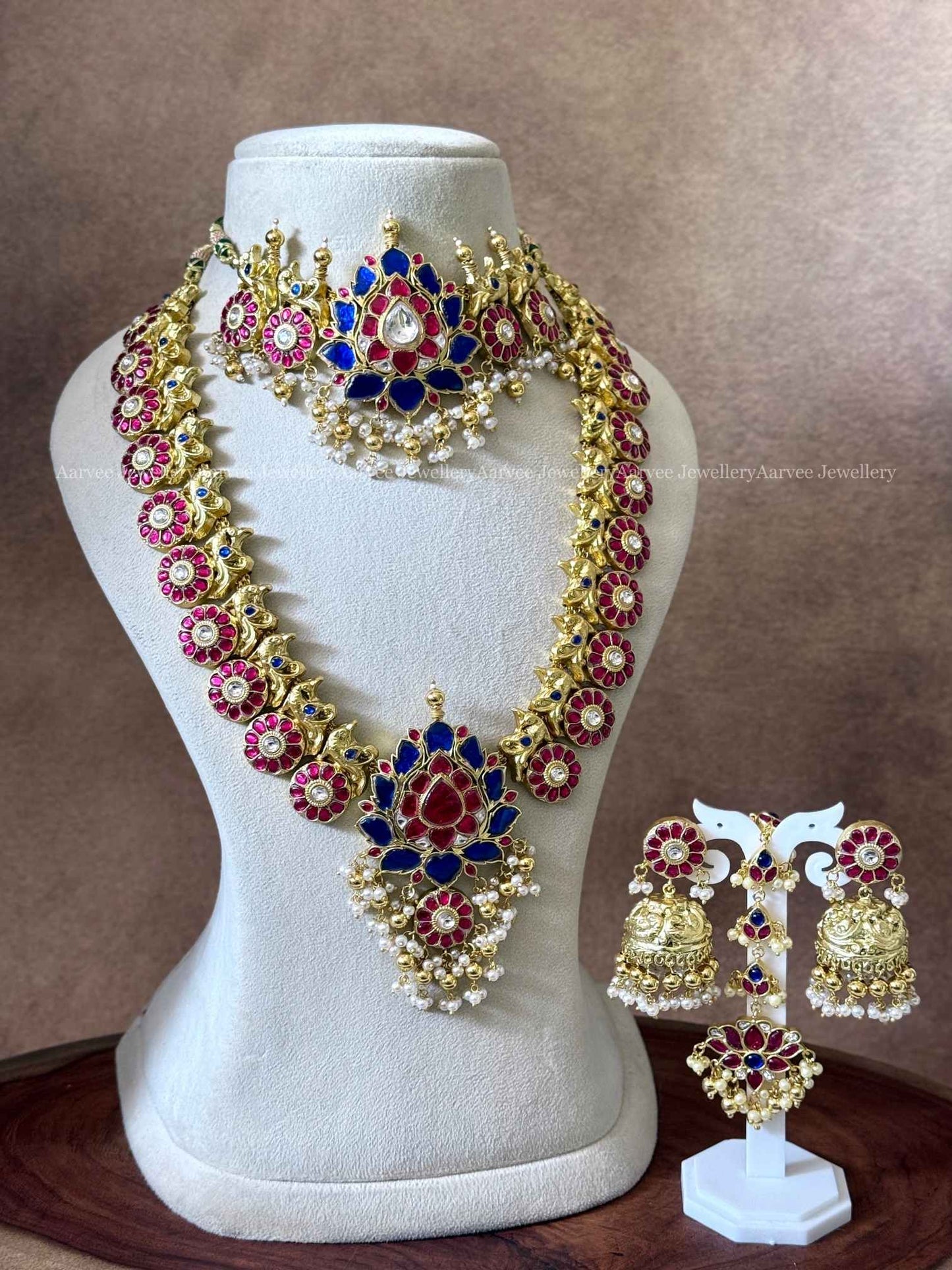 JADAU KUNDAN BLUE / PINK STONE LOTUS SEMI BRIDAL JEWELLERY SET