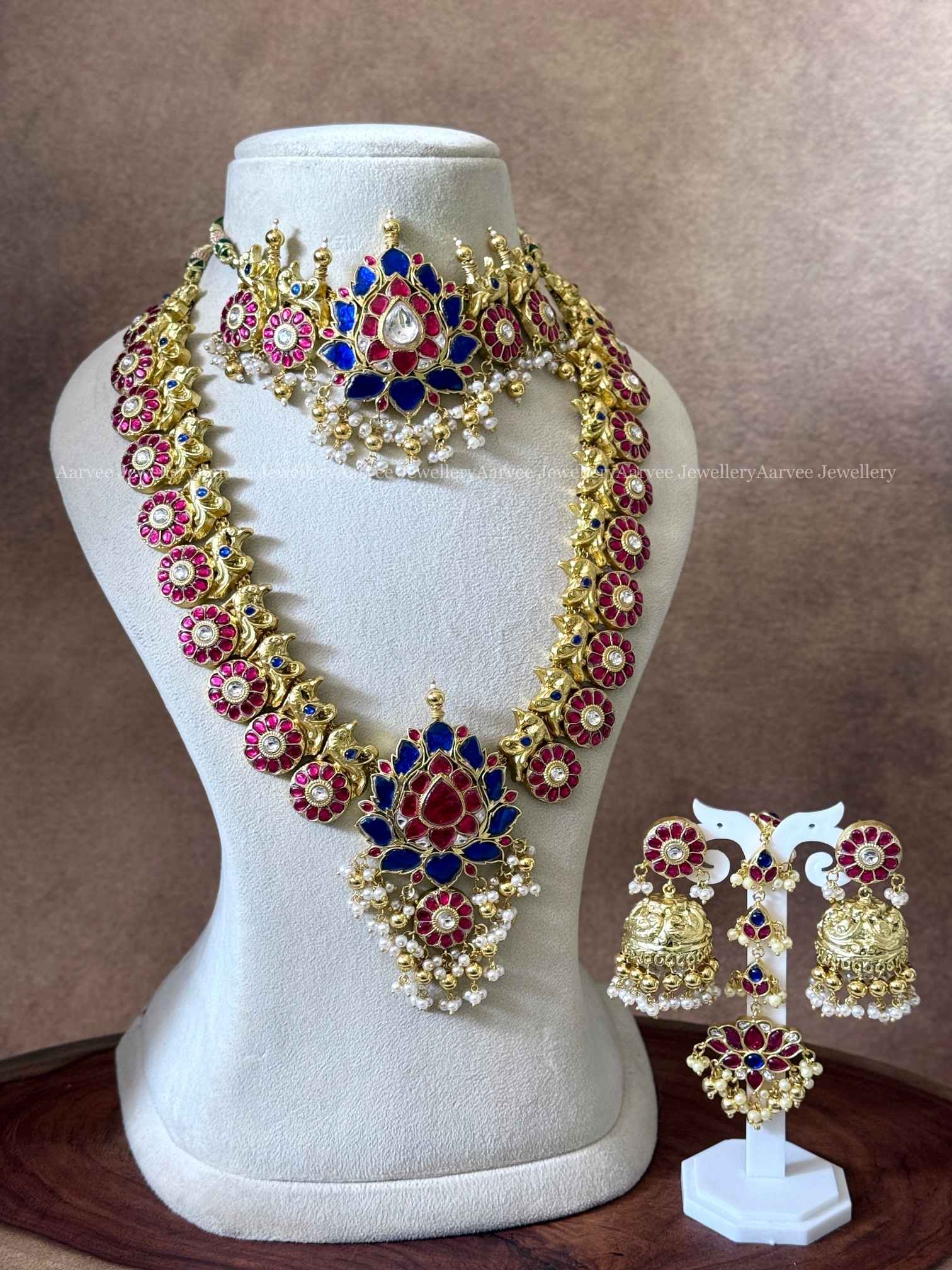 JADAU KUNDAN BLUE / PINK STONE LOTUS SEMI BRIDAL JEWELLERY SET