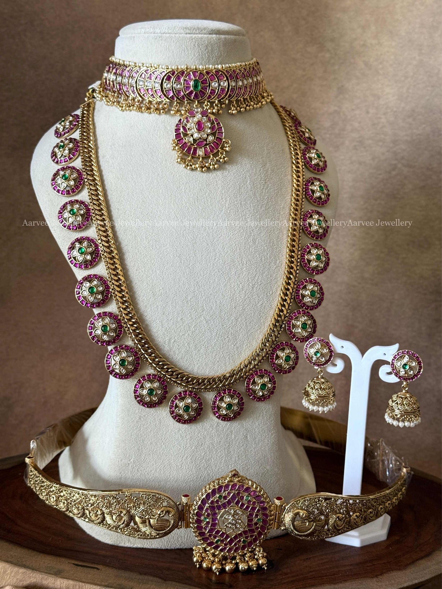 BRIDAL JEWELLERY - PREMIUM PINK KUNDAN STONE CHOKER, BOTTU MALA HARAM SET AND WAIST BELT