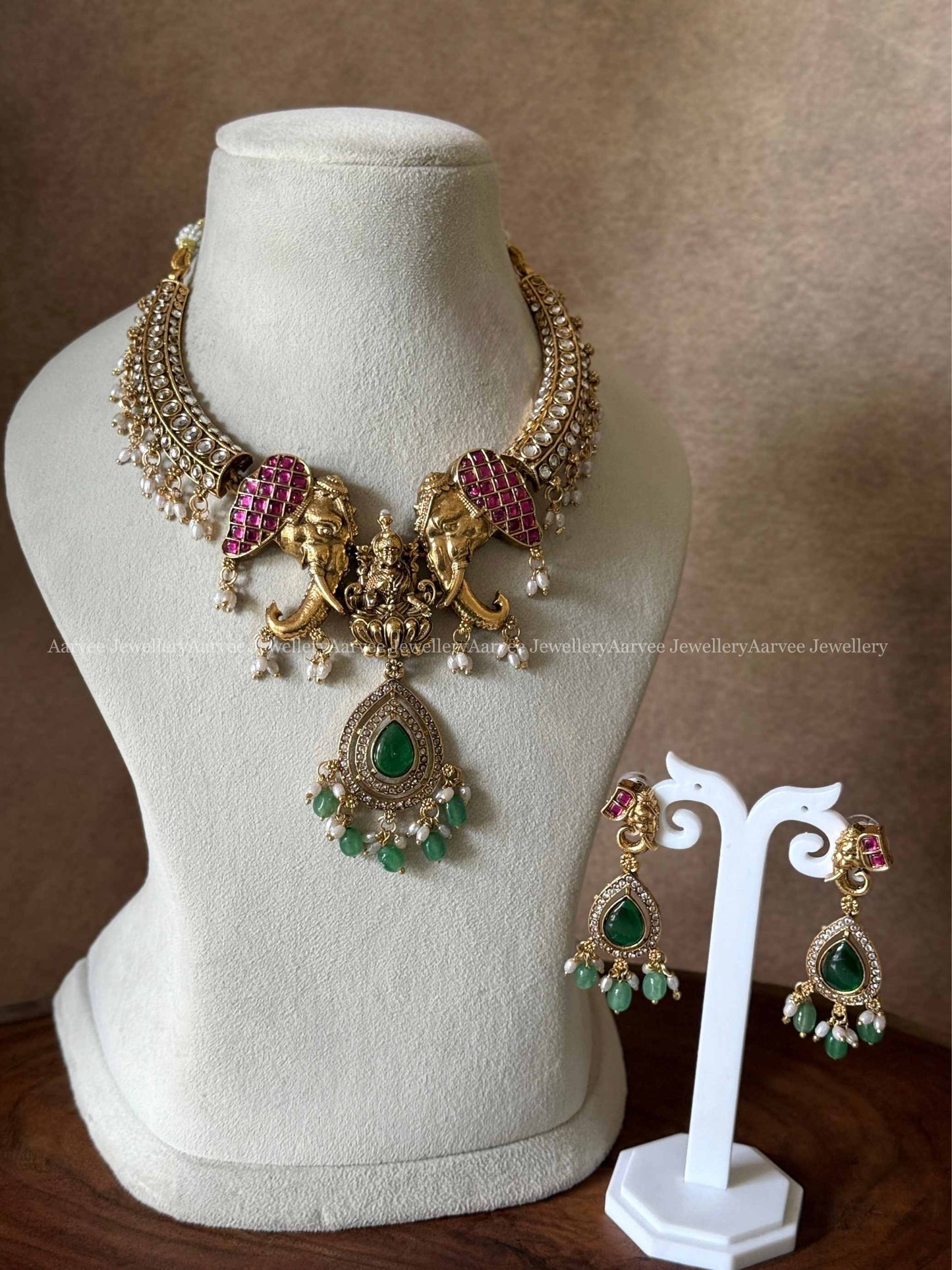 ELEGANT KANTI NECKLACE WITH LAKSHMI AND ELEPHANT DESIGN WITH PASTEL BEADS
