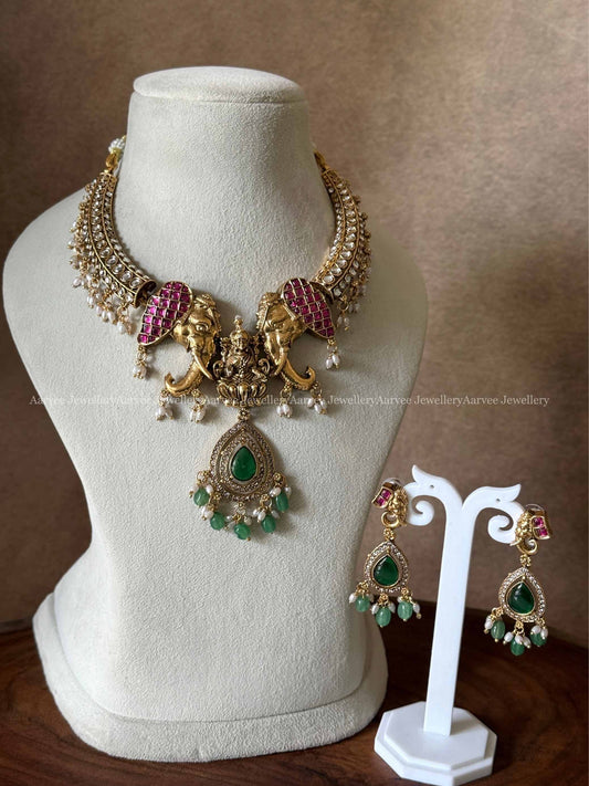 ELEGANT KANTI NECKLACE WITH LAKSHMI AND ELEPHANT DESIGN WITH PASTEL BEADS