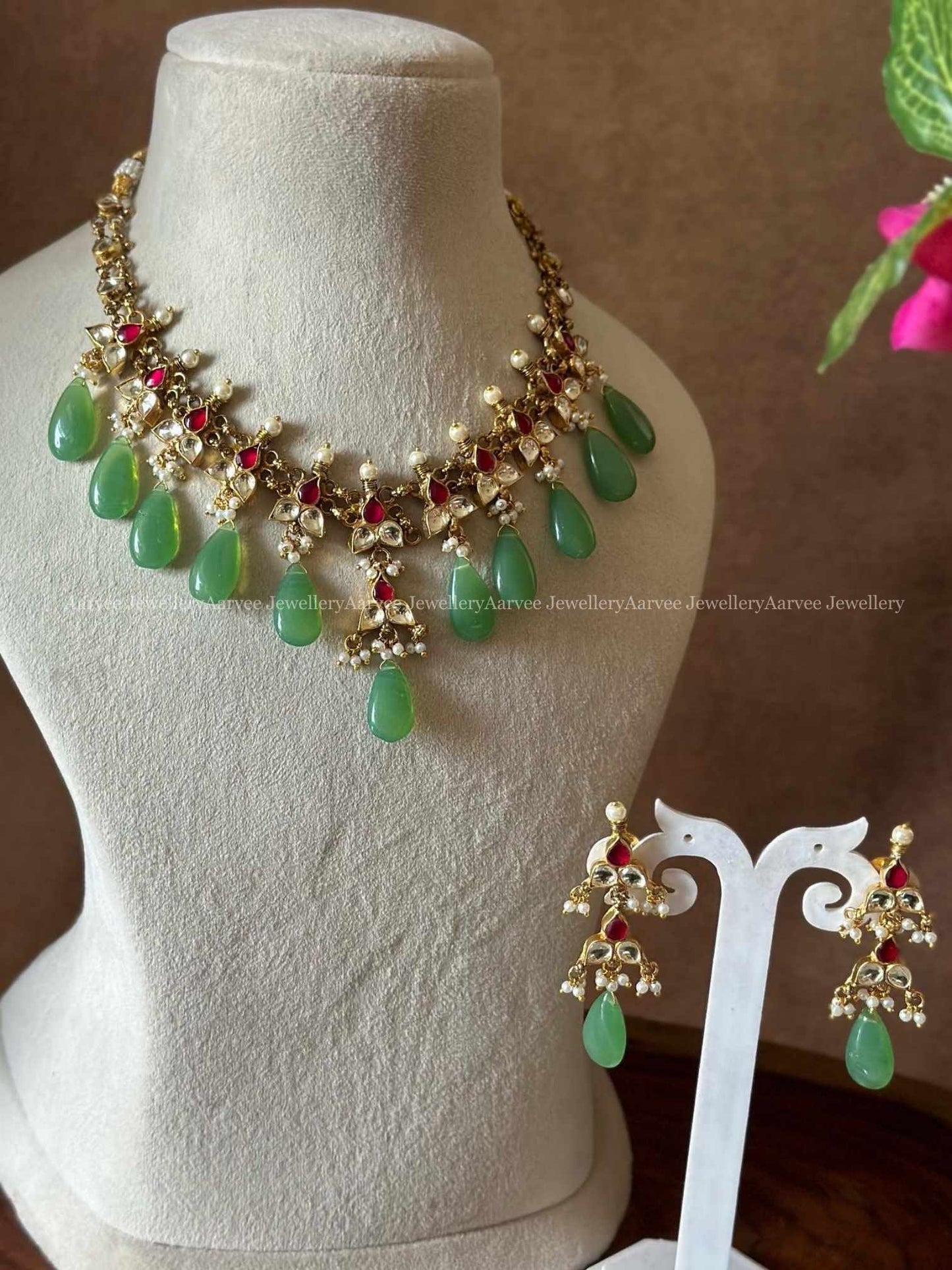 POLKI KUNDAN RUBY STONE NECKLACE SET WITH PASTEL TEAR DROP BEADS