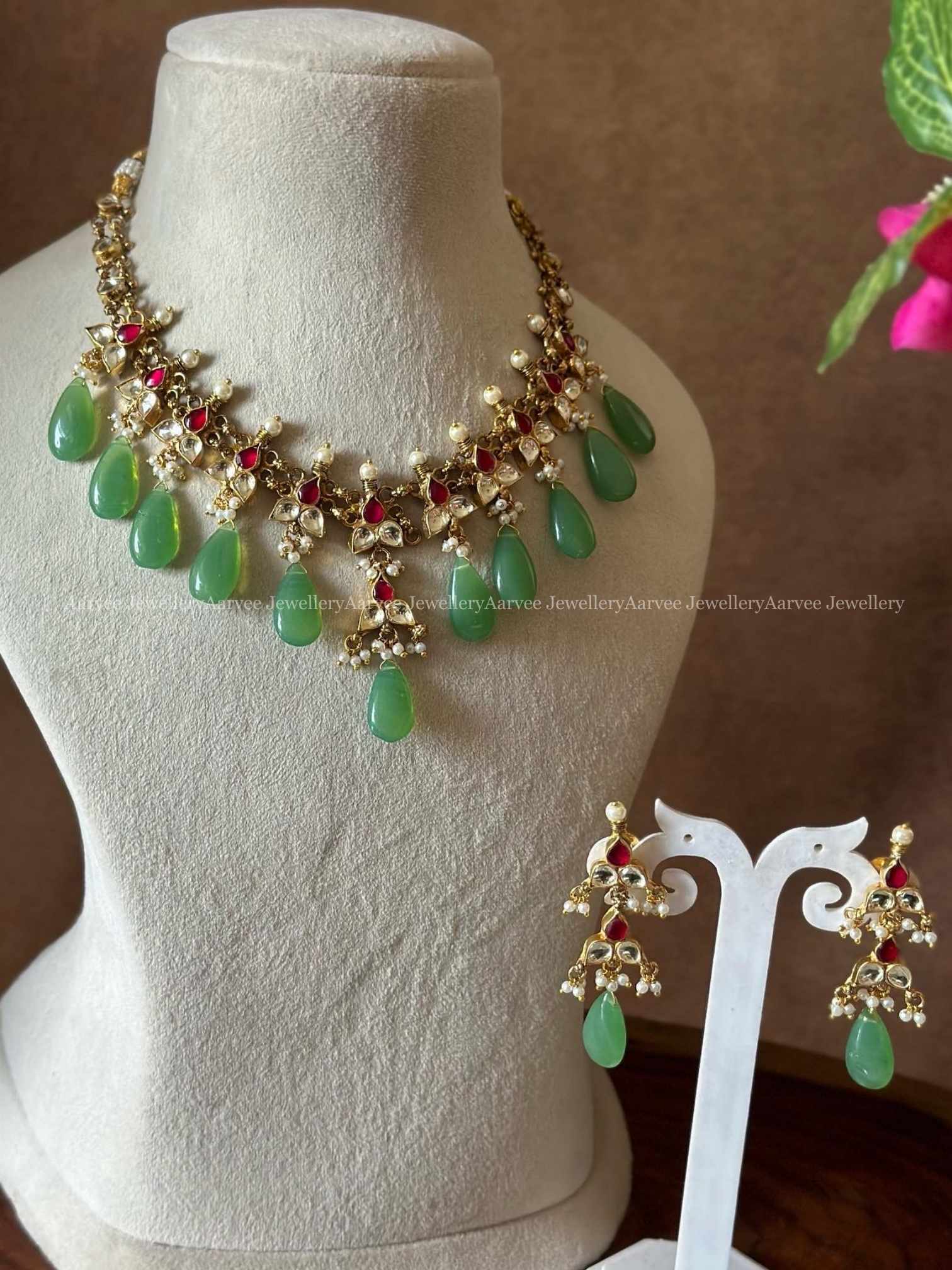 POLKI KUNDAN RUBY STONE NECKLACE SET WITH PASTEL TEAR DROP BEADS