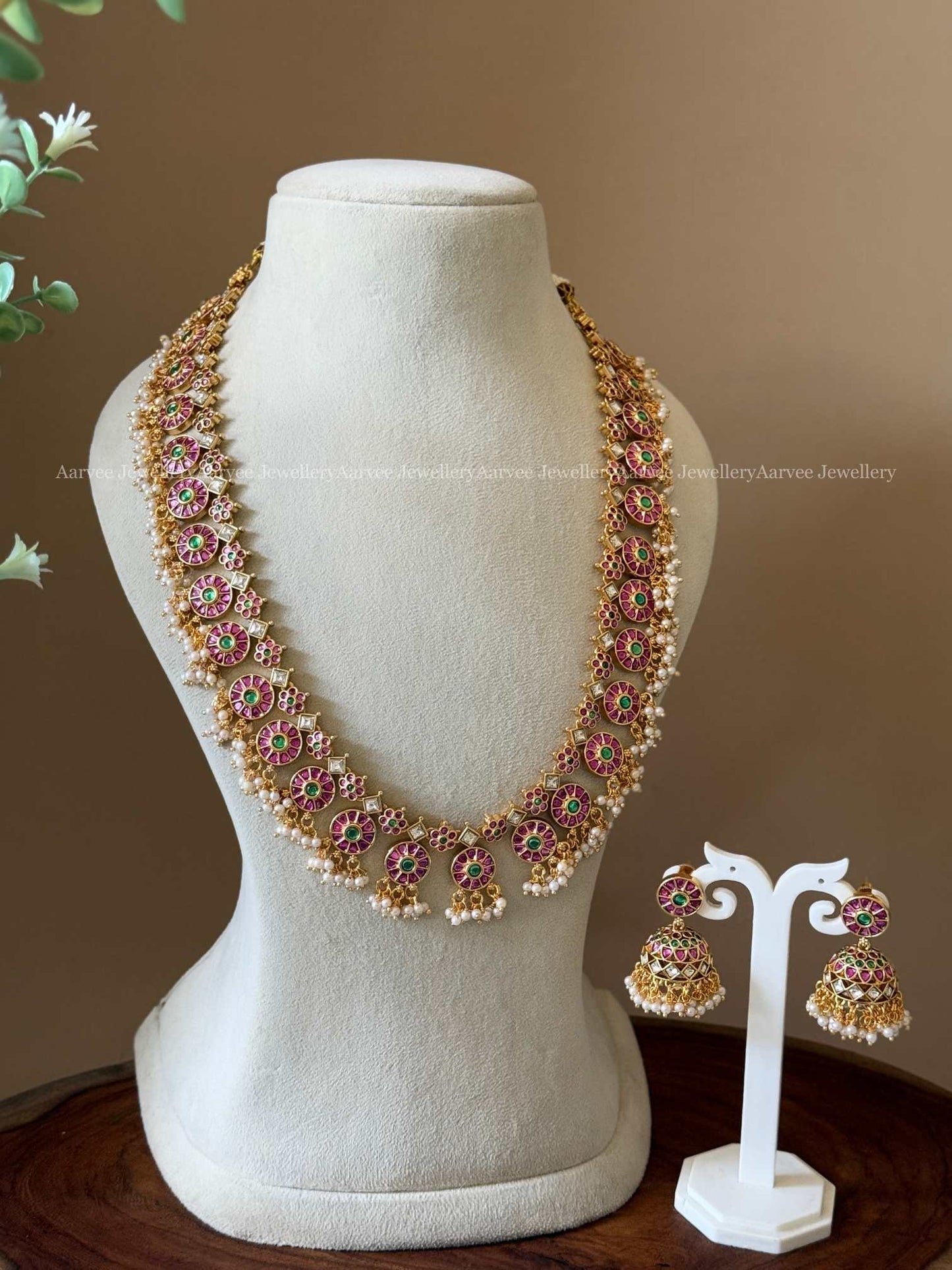 PREMIUM KEMP PINK/GREEN STONES BOTTU MALA HARAM SET WITH PEARLS