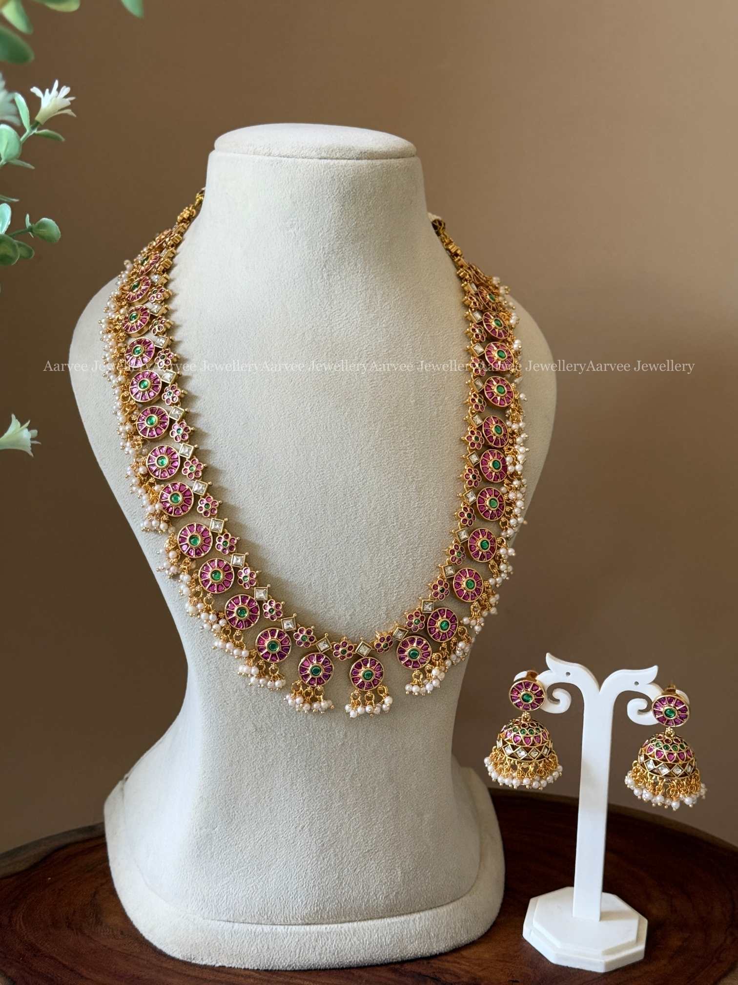 PREMIUM KEMP PINK/GREEN STONES BOTTU MALA HARAM SET WITH PEARLS