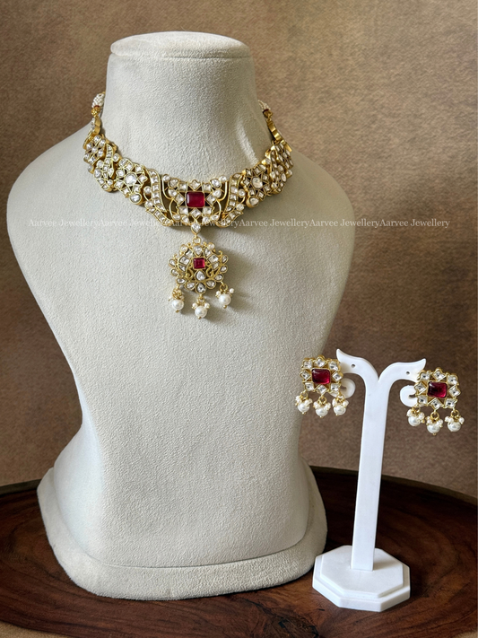 JADAU KUNDAN WHITE / RUBY COLOUR FLORAL KANTI NECKLACE SET