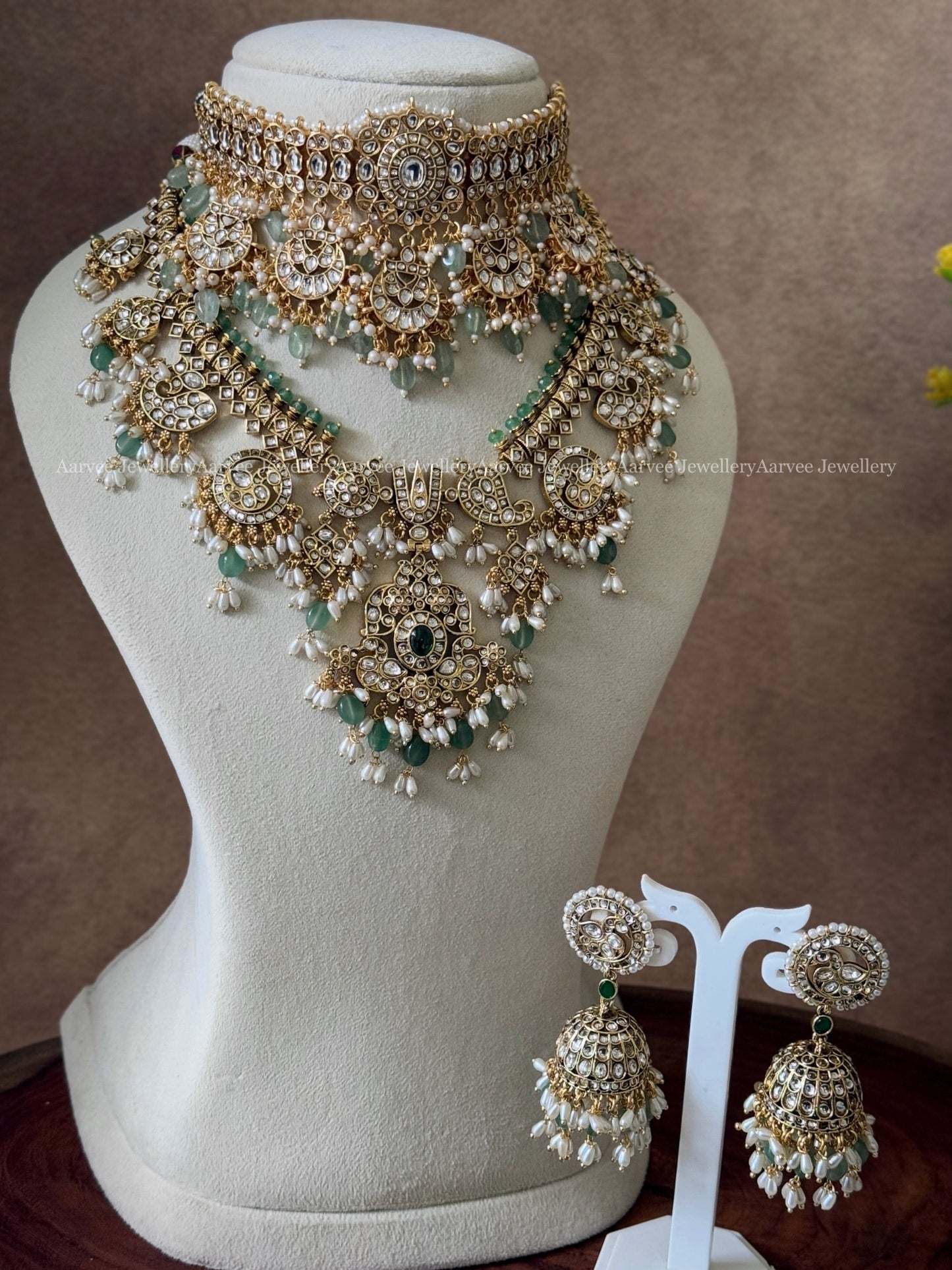 COMBO - HIGH QUALITY WHITE KUNDAN STONE MULTI PENDANT CHOKER WITH GUTTA PUSALU NECKLACE SET WITH PASTEL BEADS