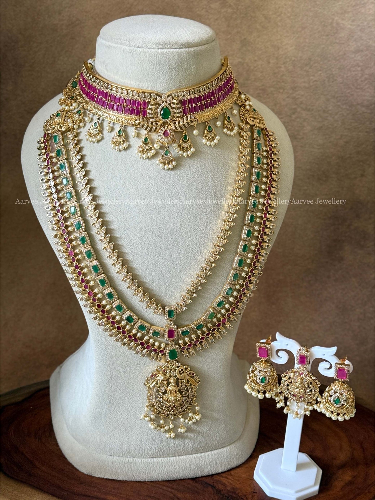 COMBO - CZ PINK STONE CHOKER WITH CZ LAYERED HARAM SET 