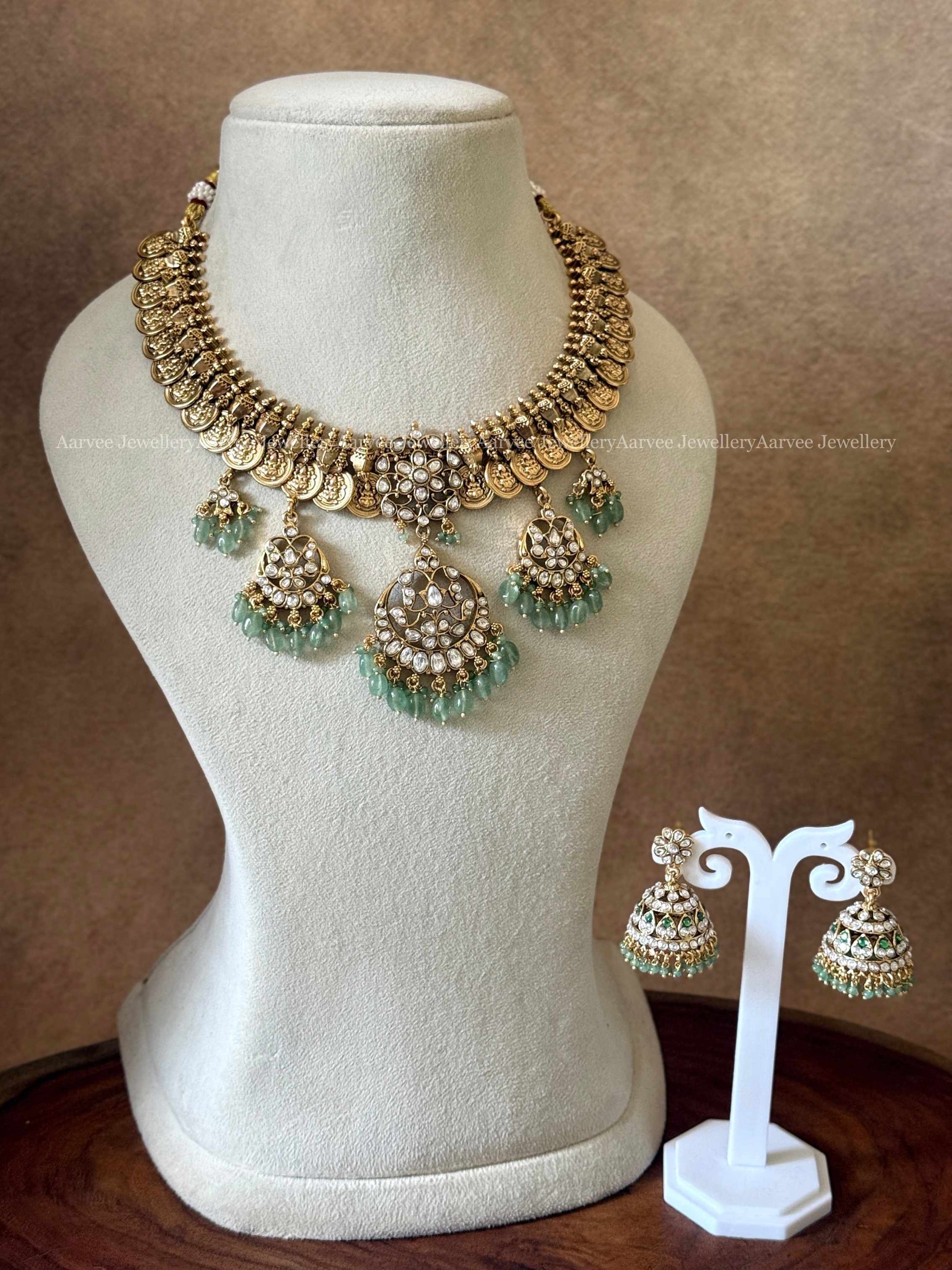 PREMIUM ANTIQUE COIN NECKLACE SET WITH KUNDAN WHITE STONES MULTI PENDANT AND PASTEL BEADS