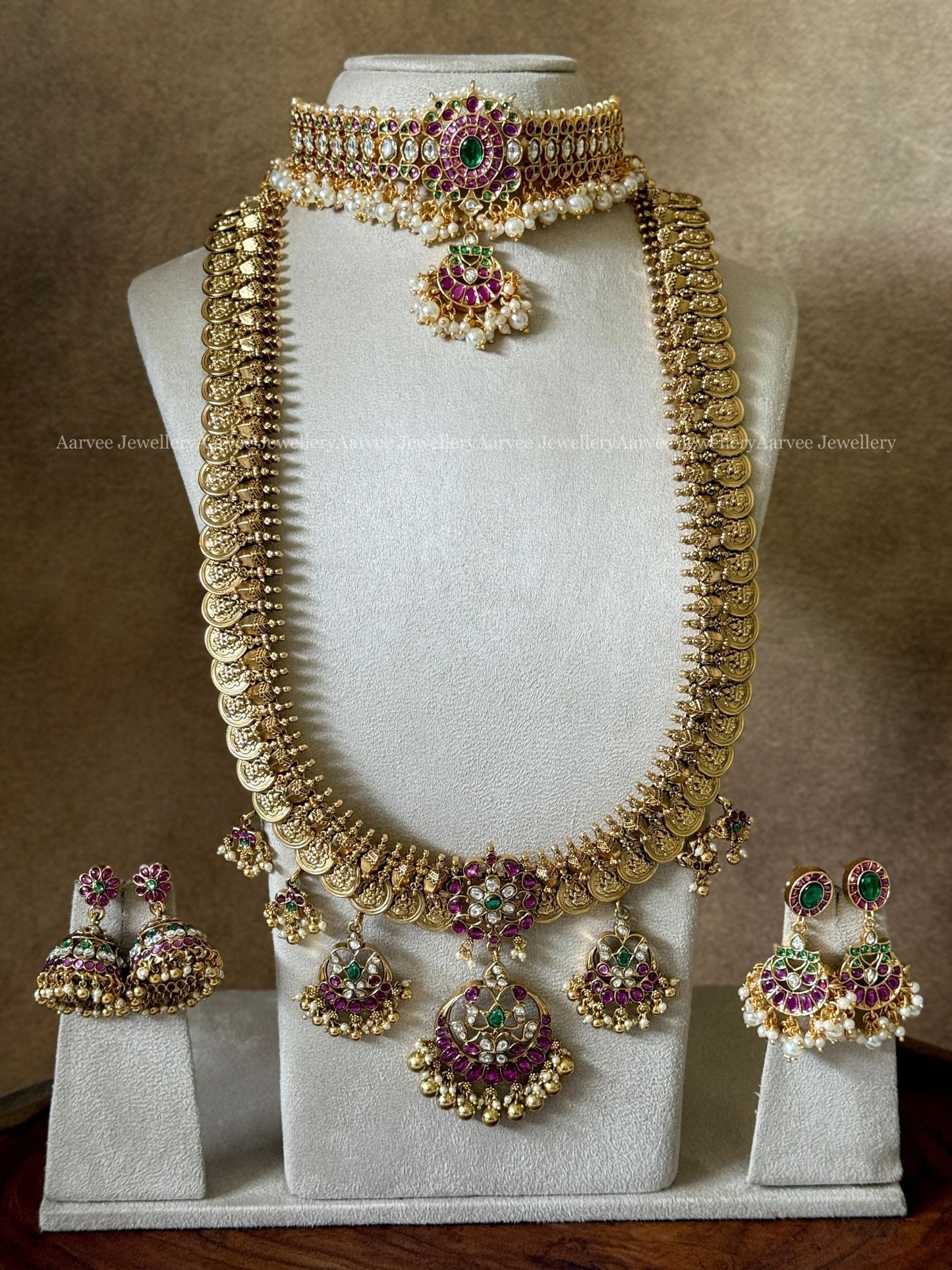 COMBO - PREMIUM PINK KUNDAN STONE CHOKER AND ANTIQUE GOLD COIN HARAM SET WITH MULTI PENDATS