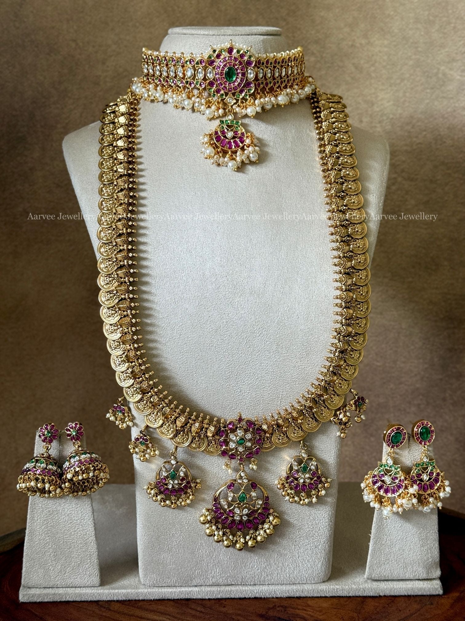 COMBO - PREMIUM PINK KUNDAN STONE CHOKER AND ANTIQUE GOLD COIN HARAM SET WITH MULTI PENDATS