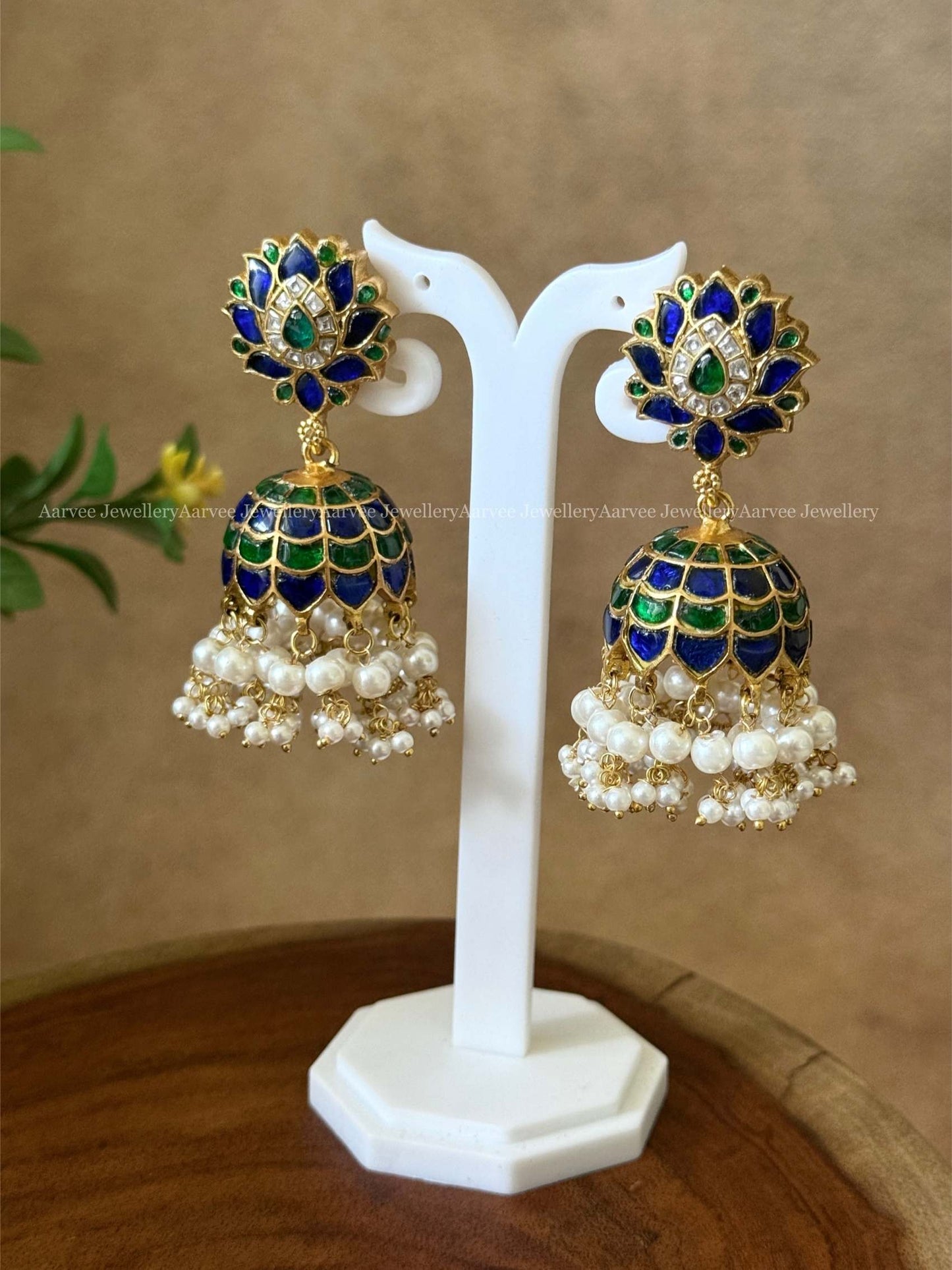 JADAU KUNDAN BLUE / GREEN STONES LOTUS JHUMKI WITH PEARLS