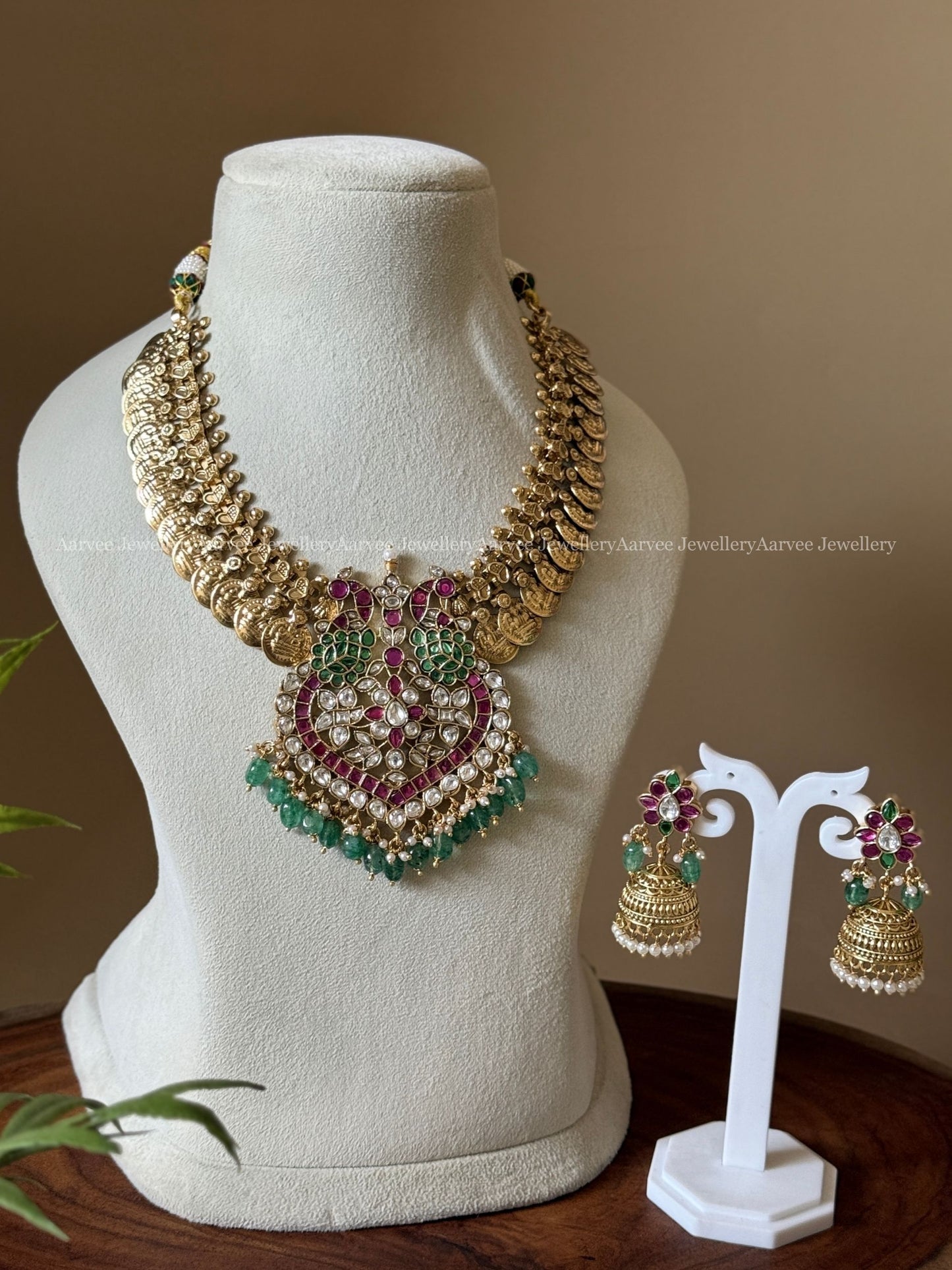 PREMIUM COIN NECKLACE SET WITH PINK / GREEN KUNDAN PEACOCK PENDANT AND PASTEL BEADS