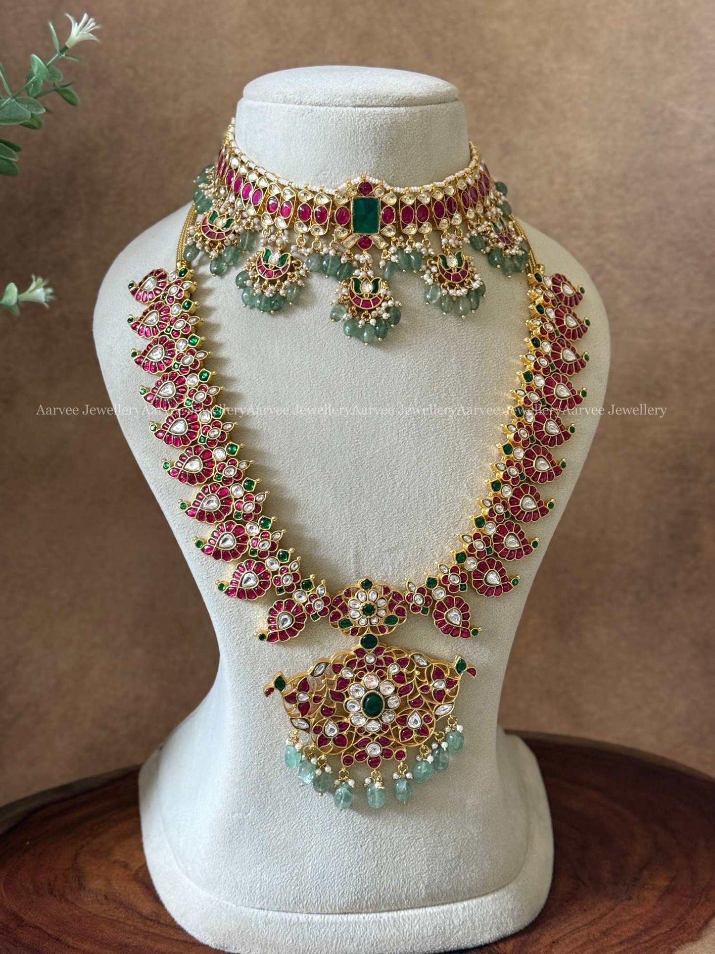 JADAU KUNDAN MULTI PENDANT CHOKER WITH MANGO MOTIF MID LENGTH HARAM WITH PASTEL BEADS