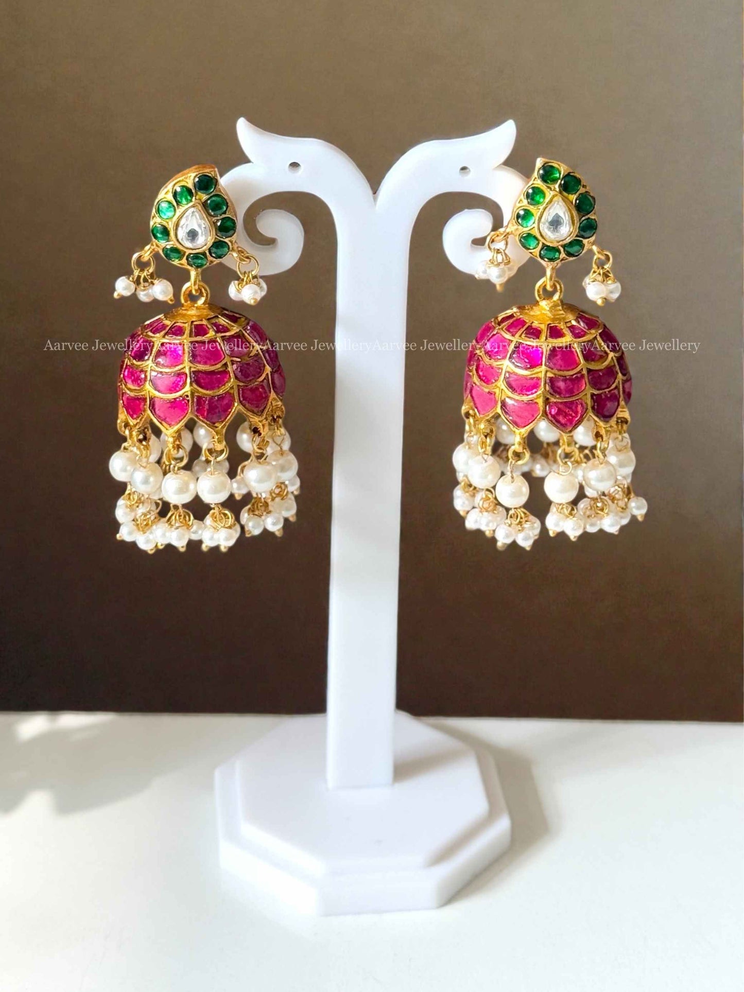 JADAU KUNDAN GREEN STONE MANGO JHUMKI WITH RUBY BUTTA 