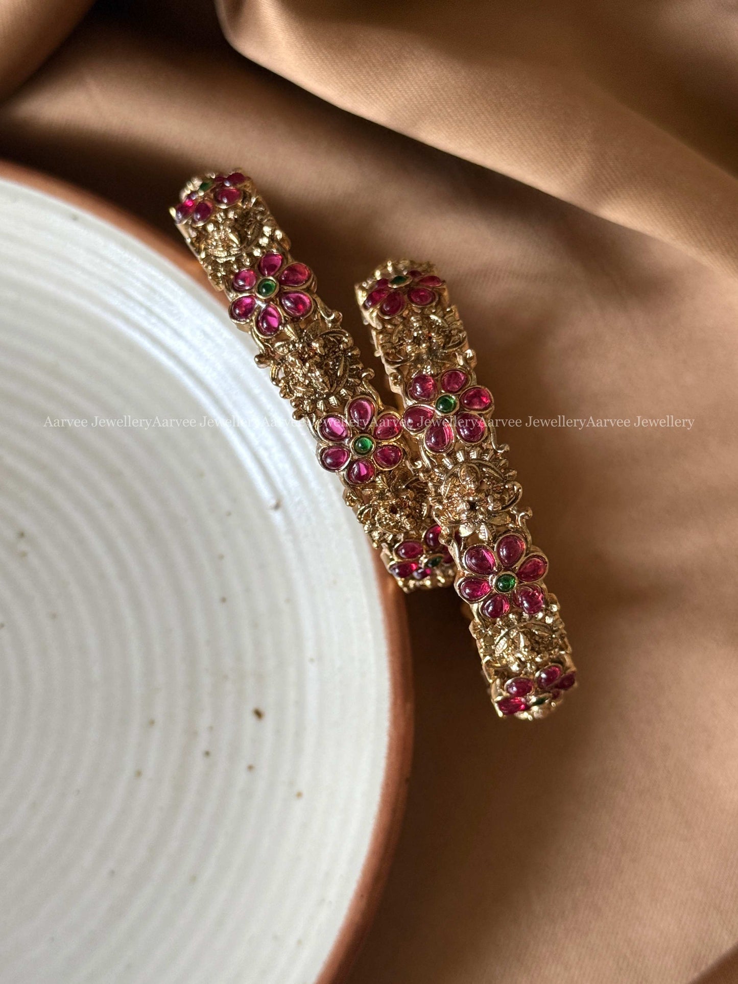 GOLD FINISH RUBY / GREEN FLORAL AND LAKSHMI BANGLES