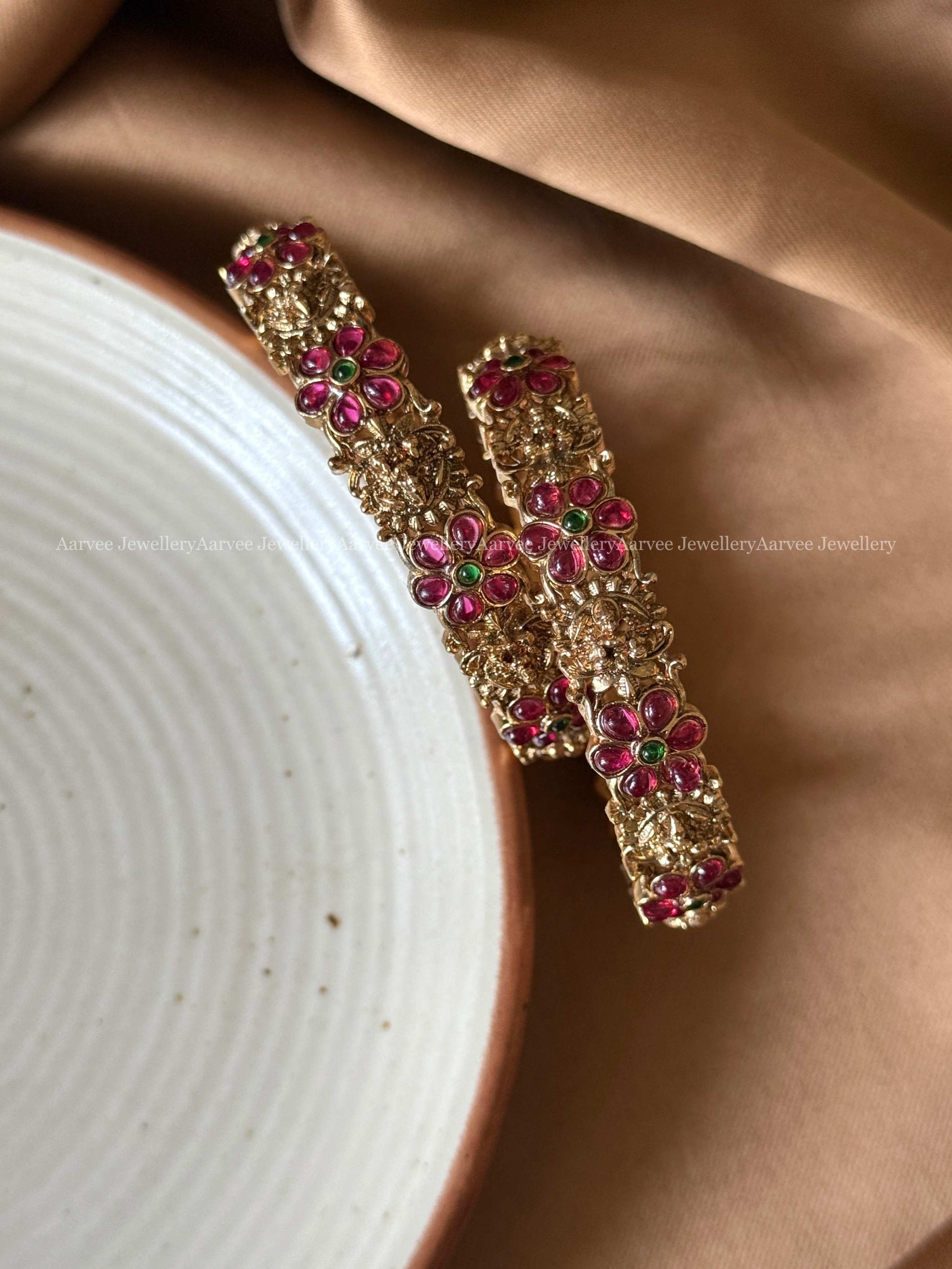 GOLD FINISH RUBY / GREEN FLORAL AND LAKSHMI BANGLES