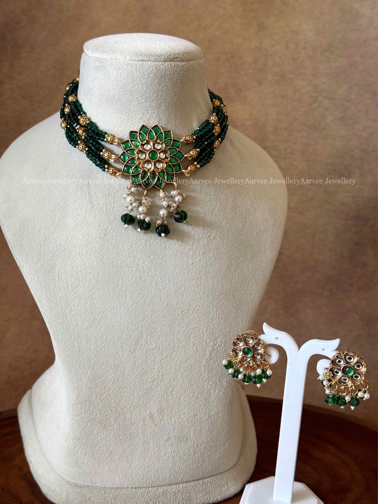 GREEN BEADS CHOKER SET WITH GOLD FINISH GREEN FLORAL PENDANT