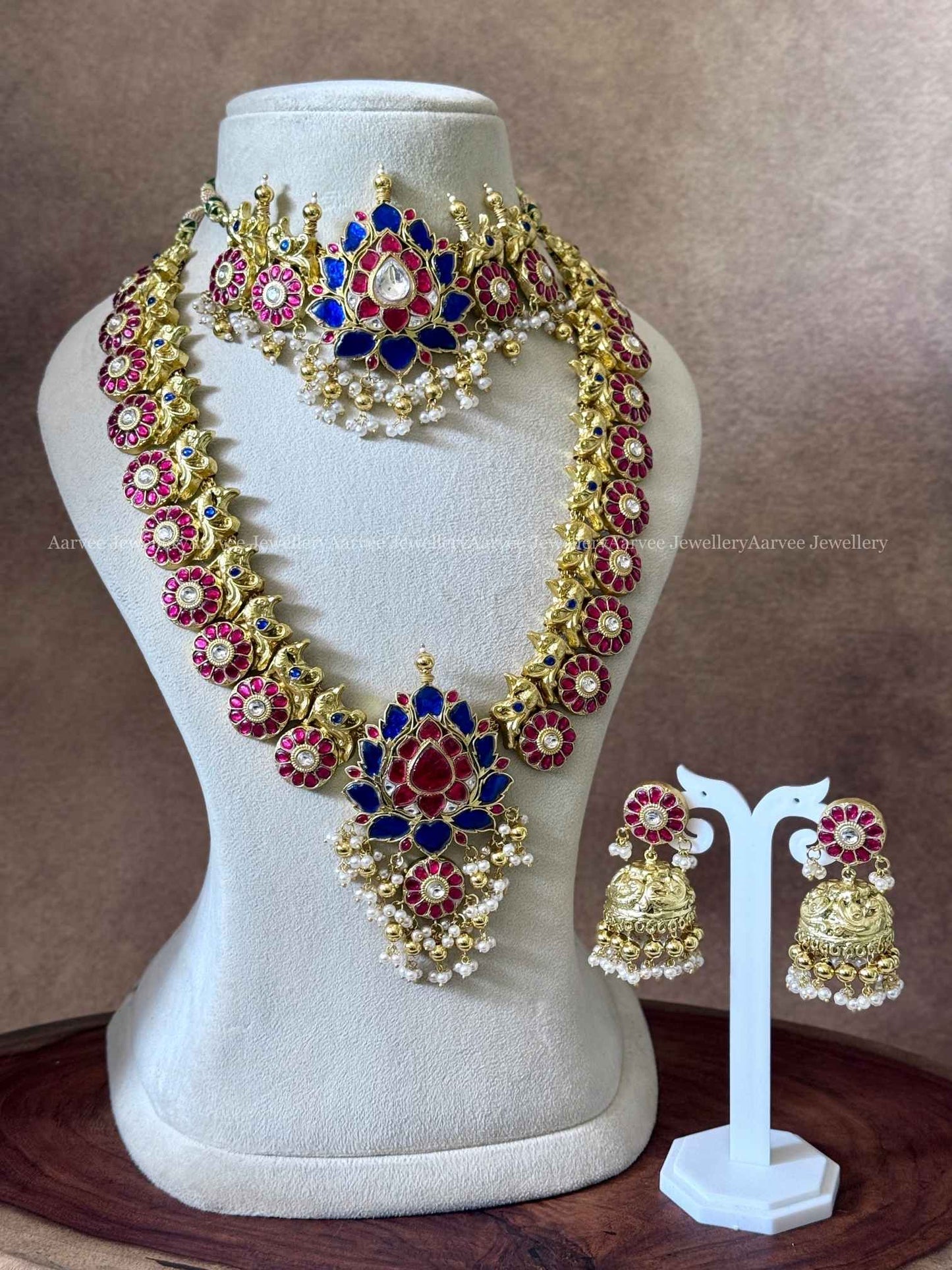 COMBO -  JADAU KUNDAN BLUE / PINK STONES LOTUS CHOKER AND BUTTA HARAM SET WITH PEARL & GOLD BEADS