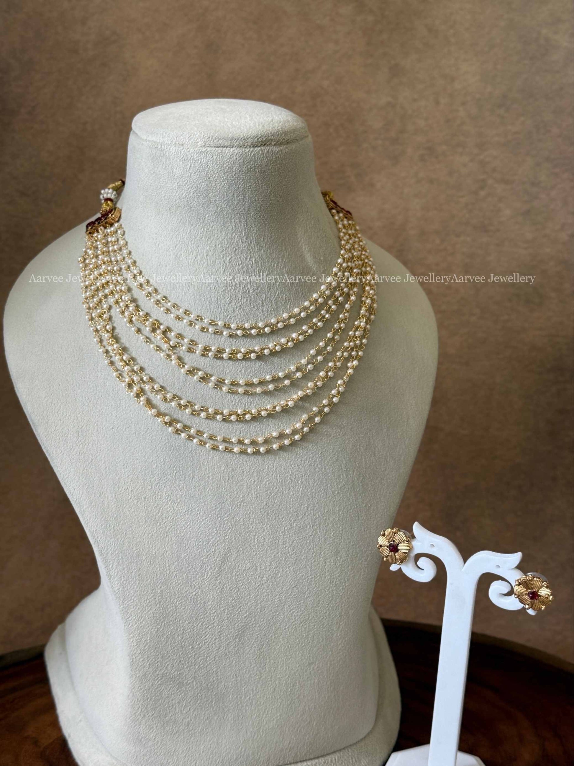 PEARL MULTI LAYER NECKLACE SET WITH RUBY STONE