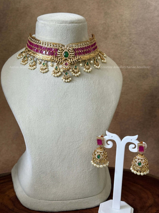 CZ PINK / GREEN STONES HIGHNECK CHOKER SET WITH PEARLS